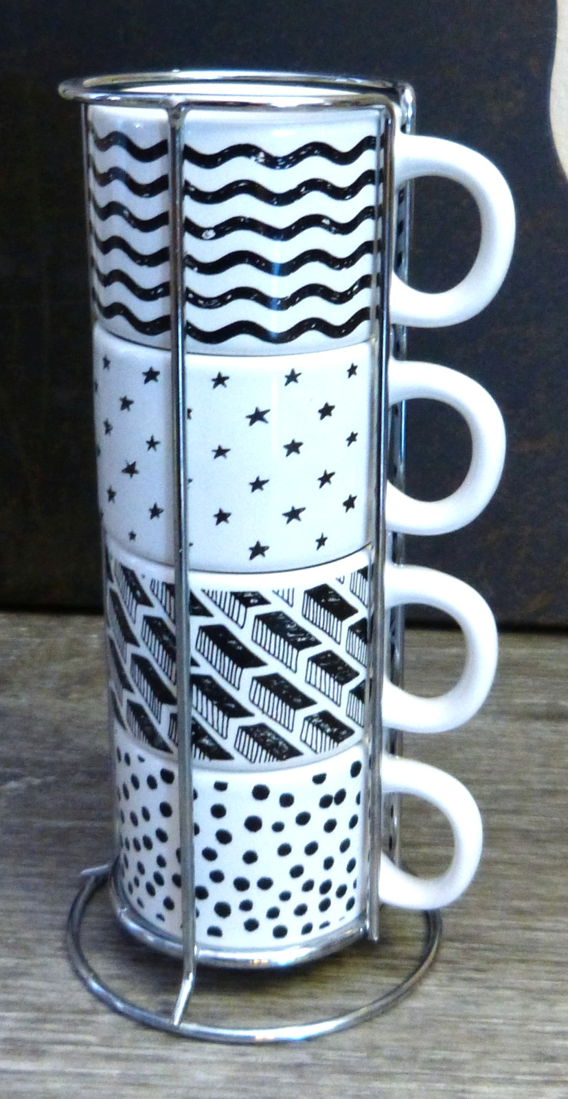 Home Essentials Black White Patterned Espresso Porcelain Cups Metal Holder Set 4