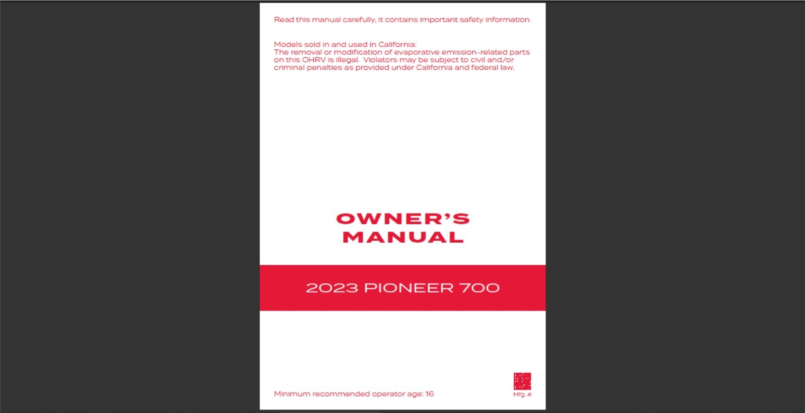 2023 Honda Pioneer 700 SxS Maintenance and Owner's manual