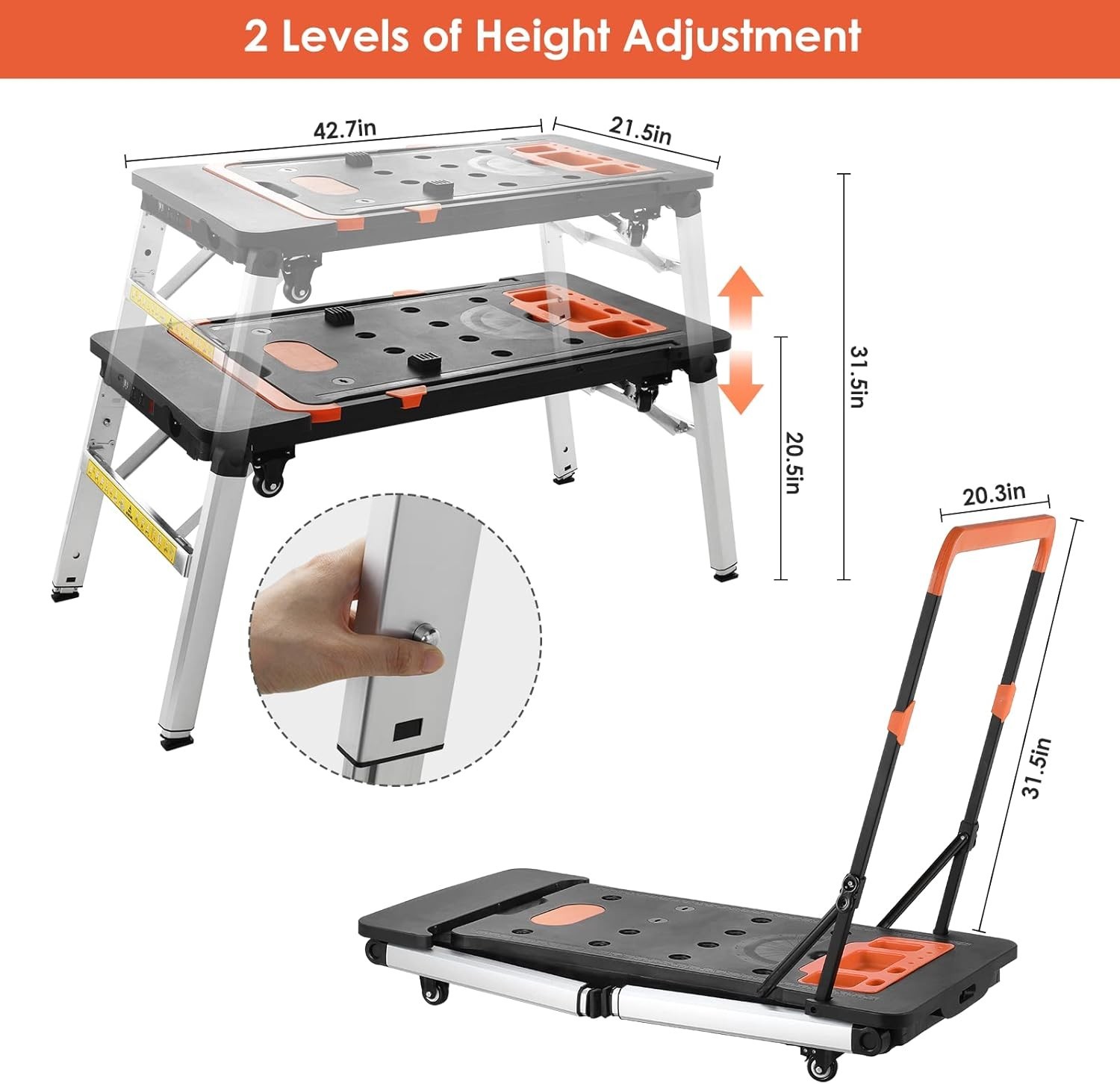7-in-1 Portable Workstation Folding Workbench & Work Table with Wheels Converts
