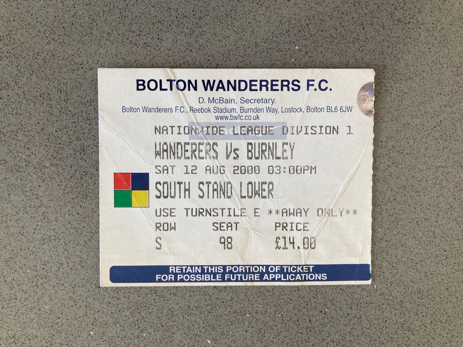 Bolton Wanderers v Burnley 2000-01 Match Ticket