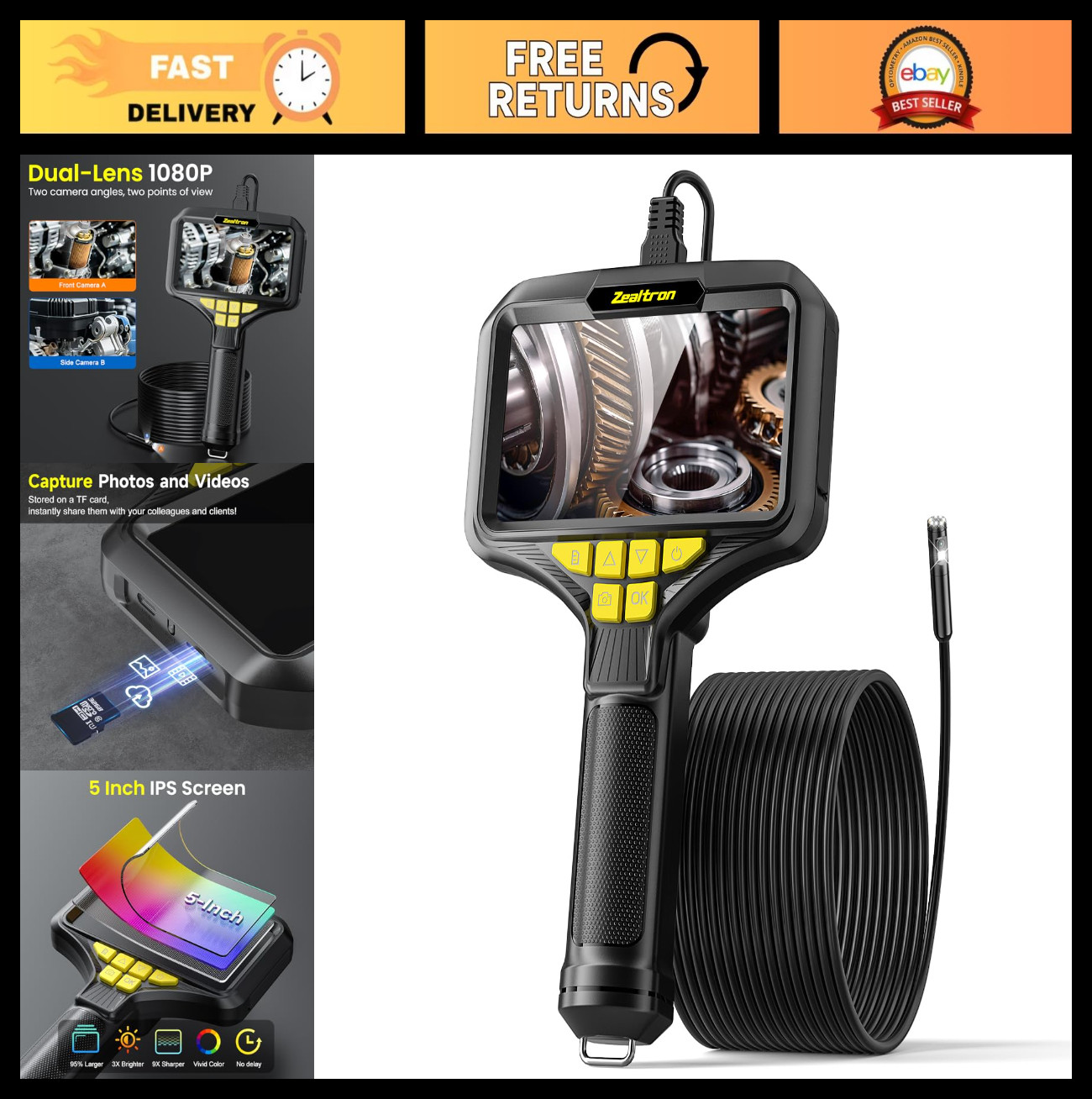 Dual Lens Endoscope Camera, 1080P HD Inspection with 5" IPS Screen & 8 LED Light