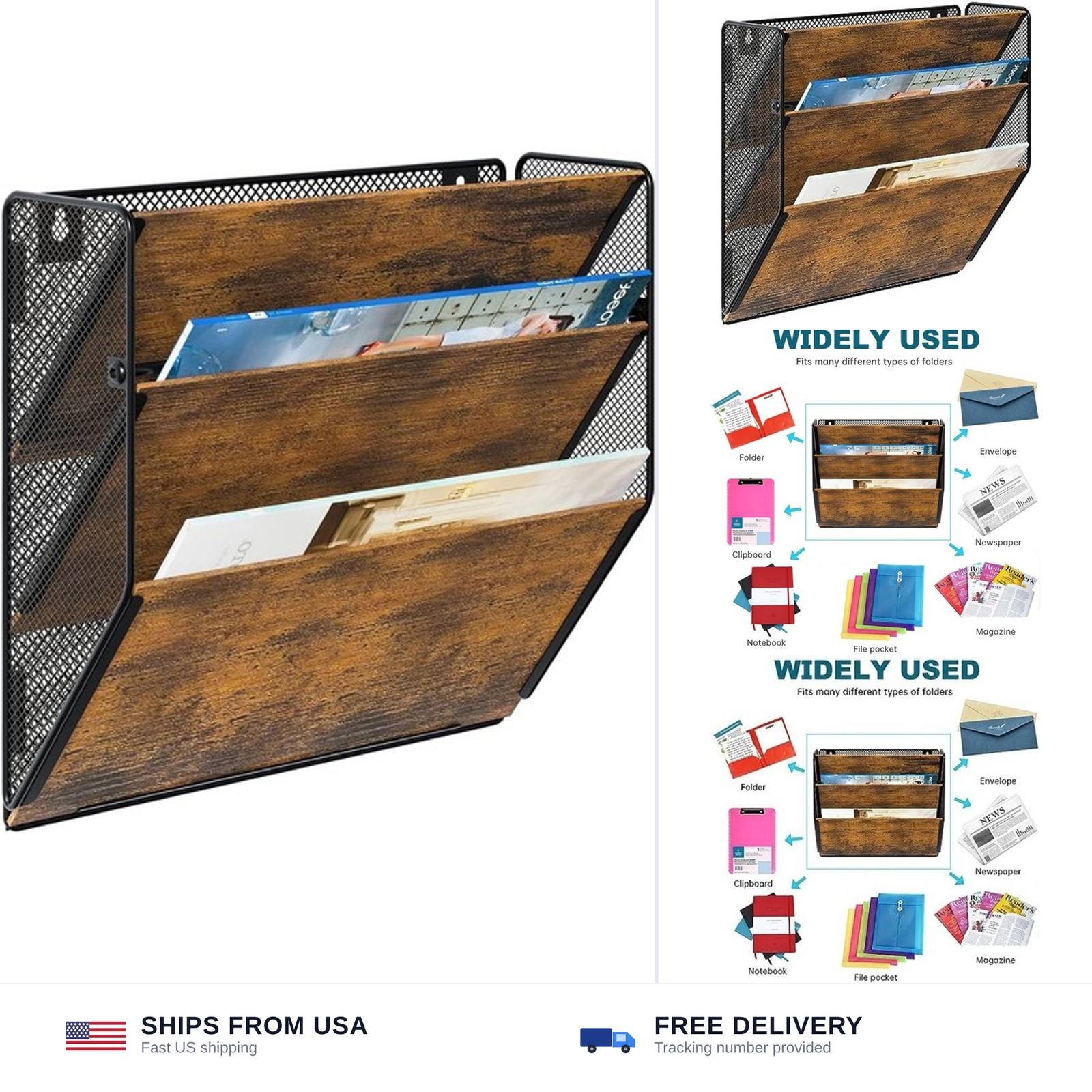 Wall File Organizer for Office, 3-Tier Rustic Hanging File holder Wall Storag...
