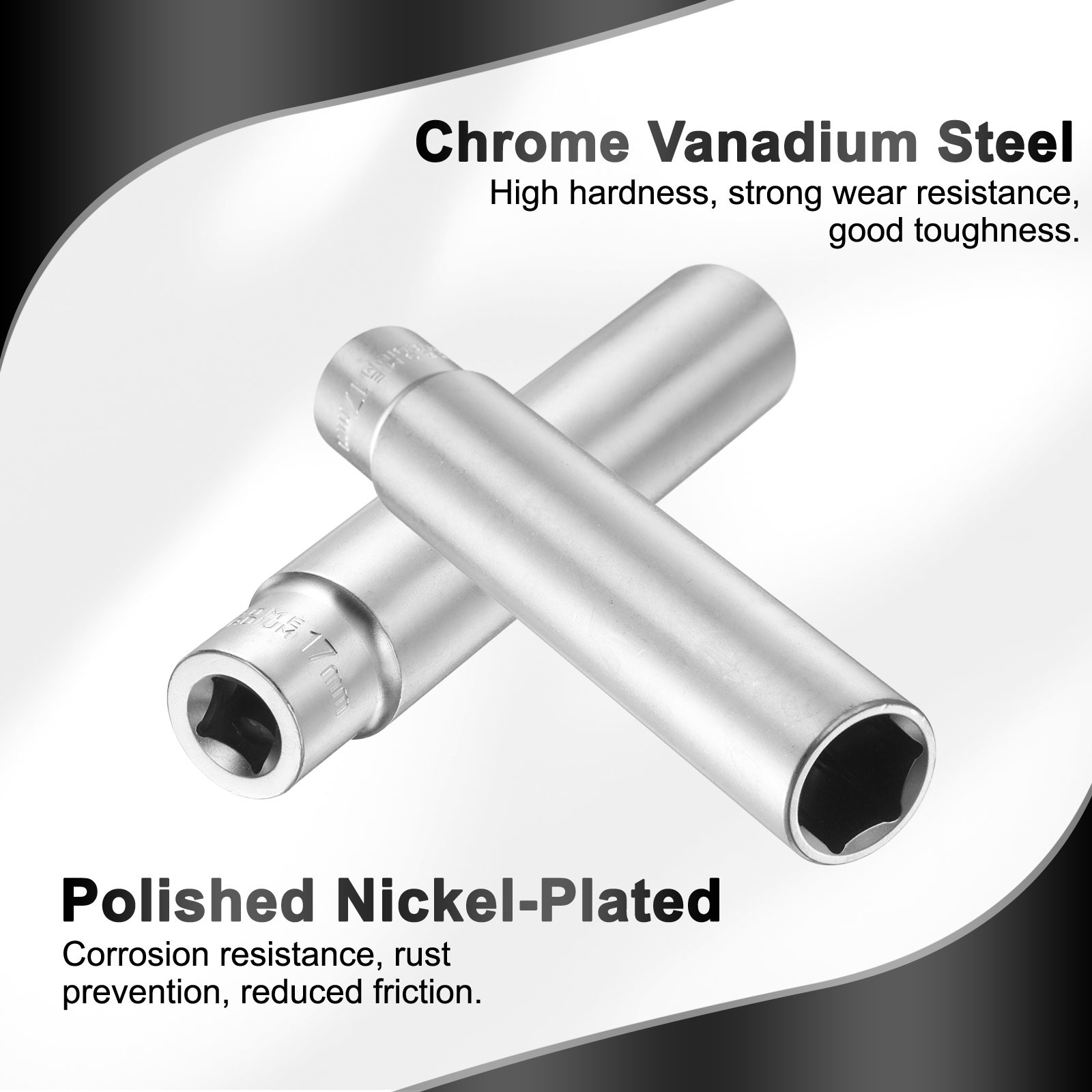 2pcs 6 Points Deep Socket 3/8" Drive 17mm Nickel Plating Flip Sleeve 4.7" Long