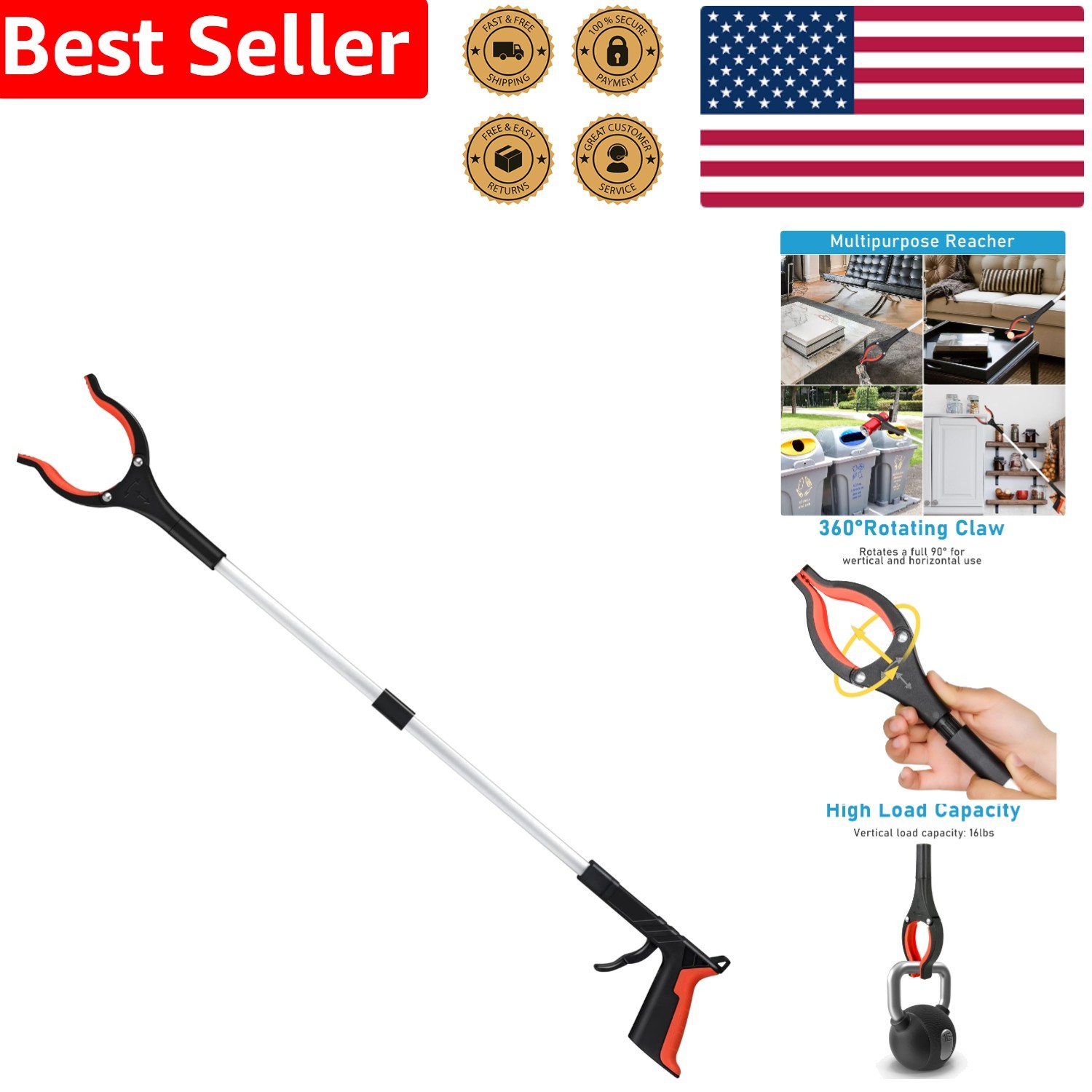 Ergonomic 32-Inch Trash Claw Grabber - Perfect for Easy Reaching & Cleanup