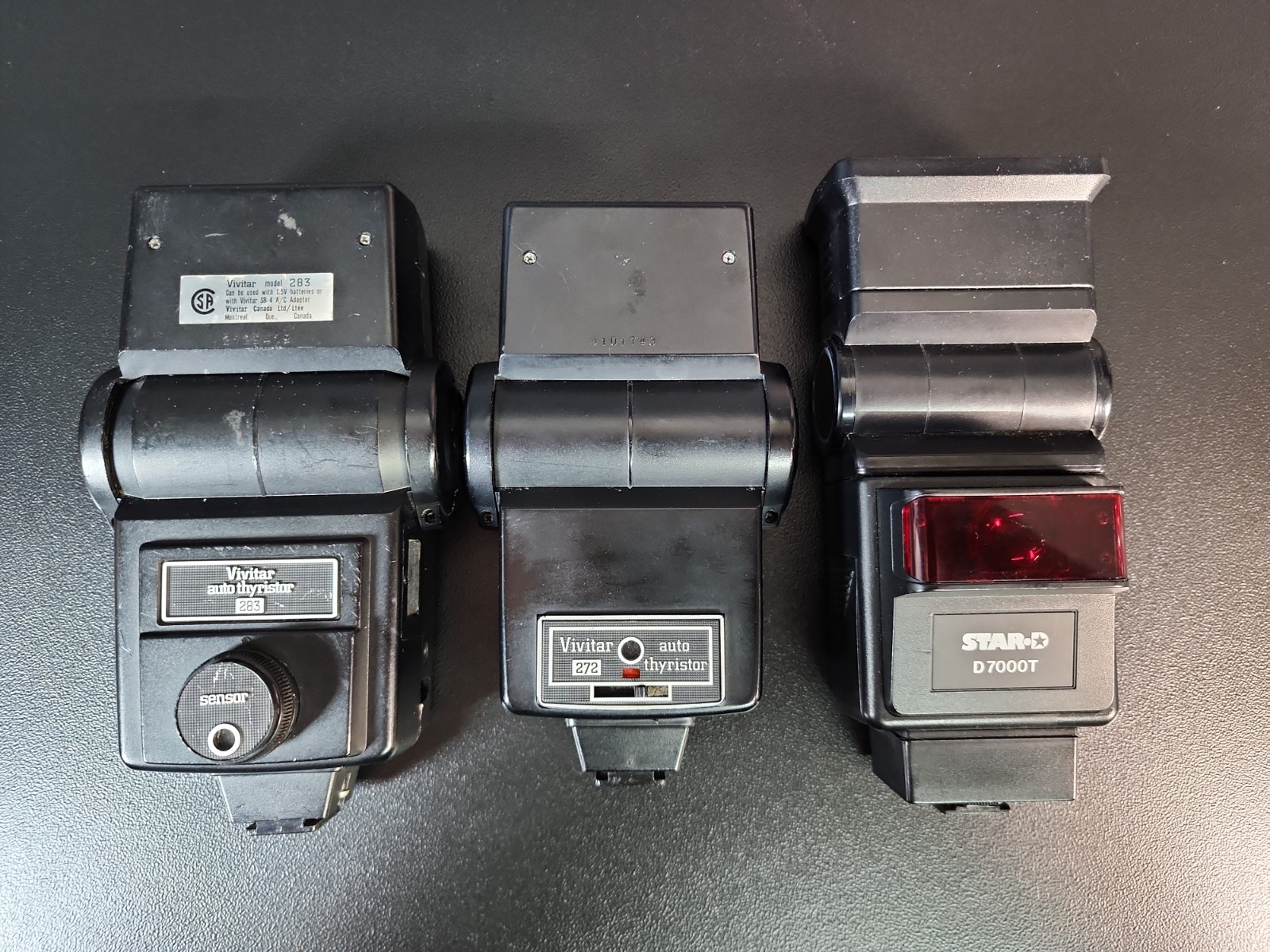 Vintage Camera Flash Lot of 3 – Vivitar 283, Vivitar 272 & Star-D D7000T – Nikon