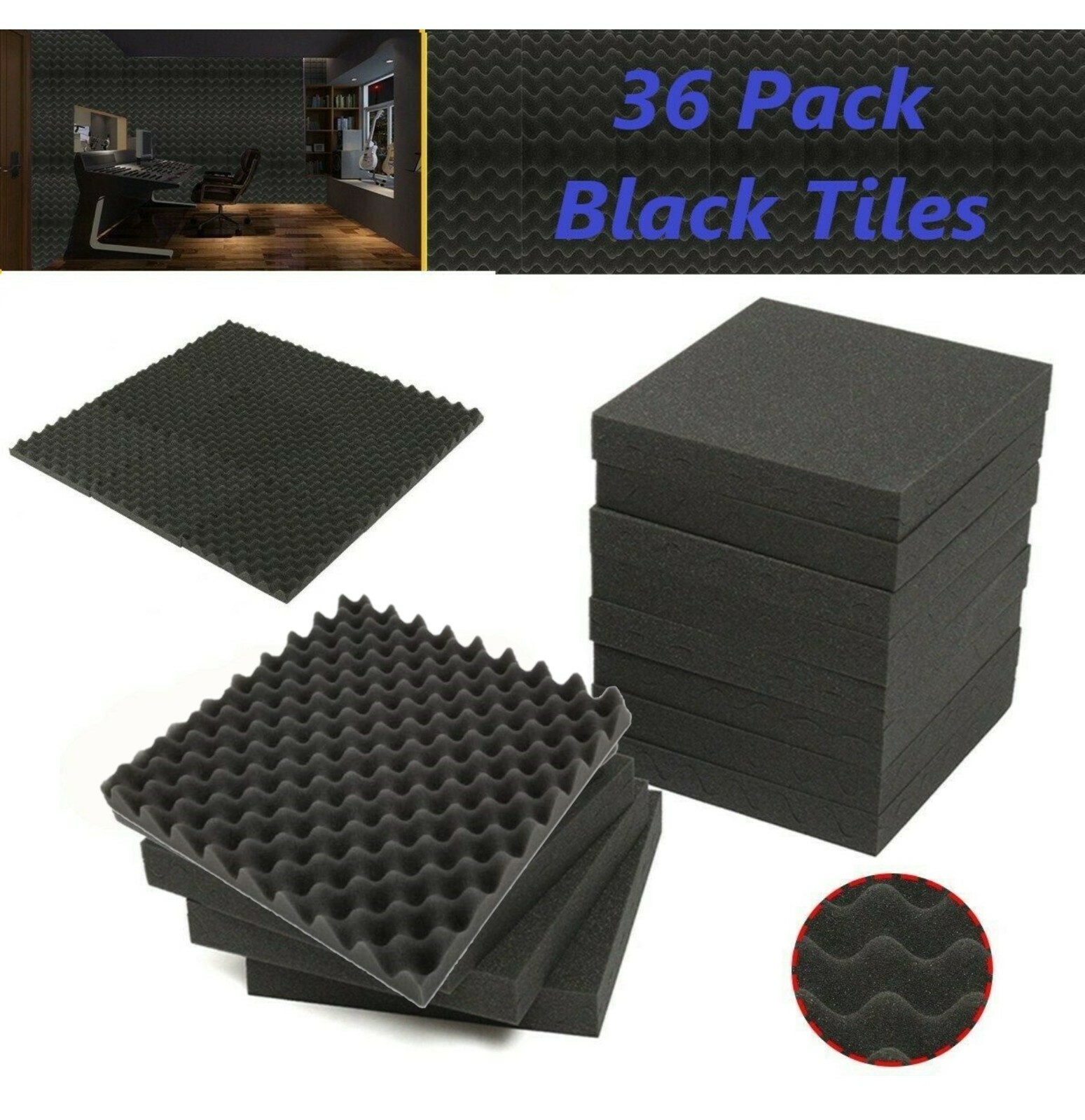 36pk Premium Acoustic Foam Black Egg Crate Wall Tile Soundproofing 12"x12"x1.5"