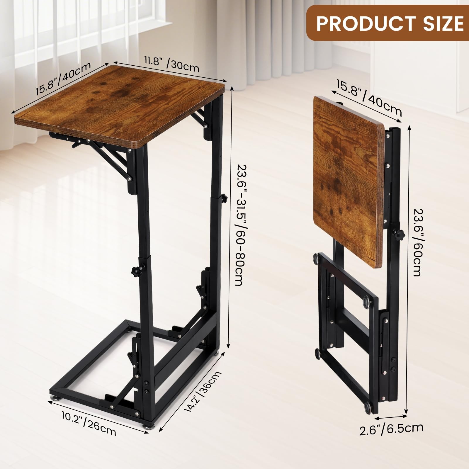 Folding Side Table, Adjustable C-Shaped End Table for Couch, Metal Frame TV T...