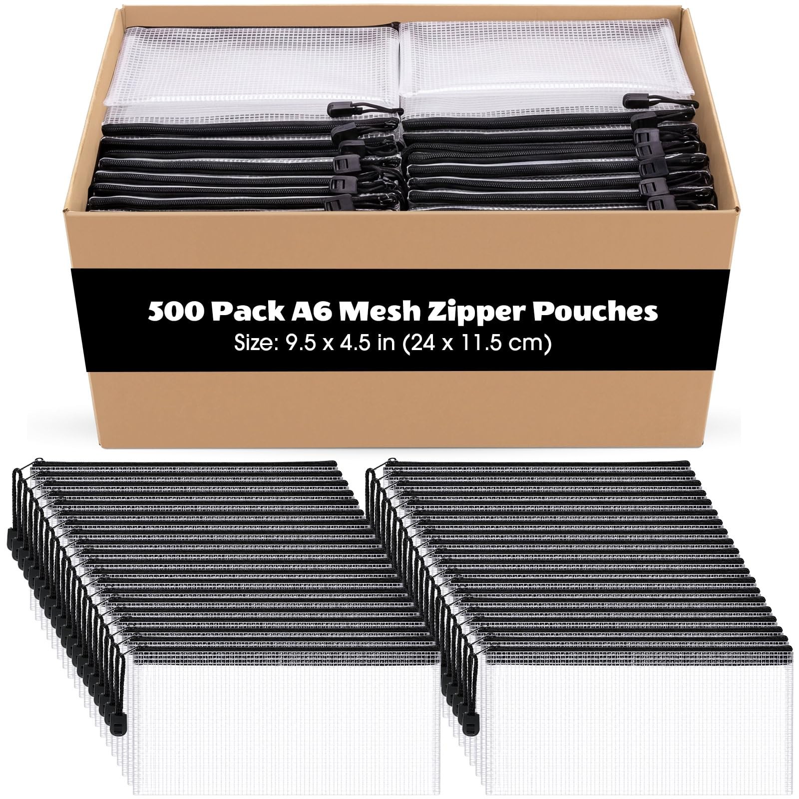 500 Pcs A6 Mesh Zipper Pencil Pouches Bulk A6 Clear PVC Document Bags 9.5 x 4...