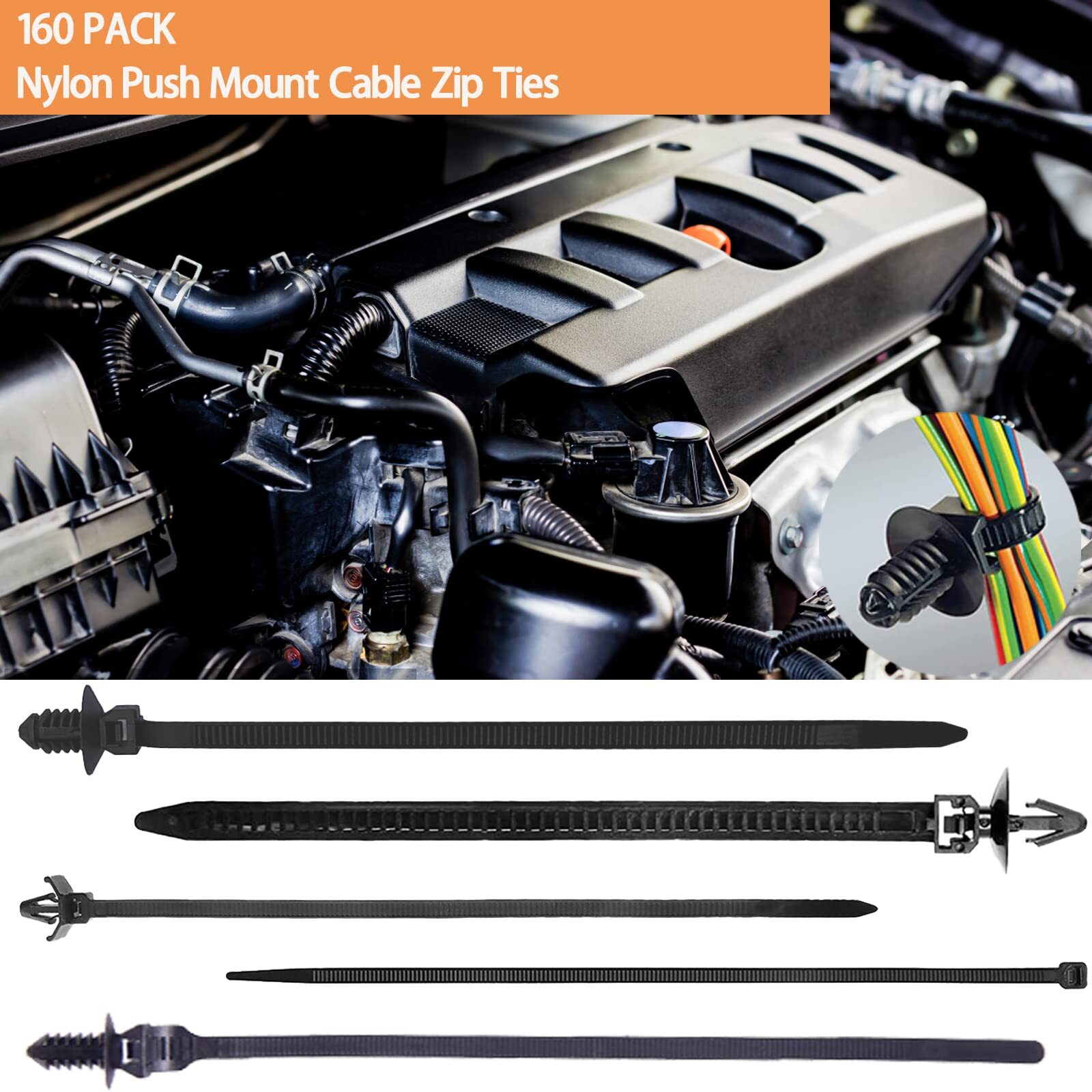 160Pcs Universal Nylon Push Mount Cable Zip Tie, Self Locking Cable Strap