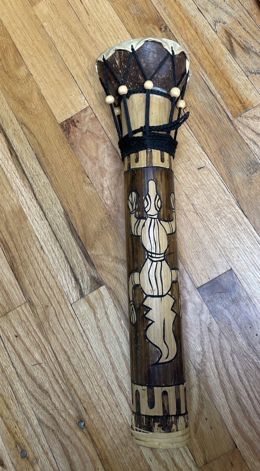 Vintage Tribal Djembe Drum -Carved Lizard Design -Tiki Coconut Bamboo 18" Tall