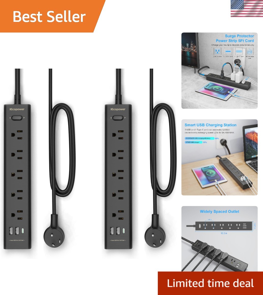 8-in-1 Black Power Strip Surge Protector - 5 AC Outlets, 3 USB Ports, 5FT Cord