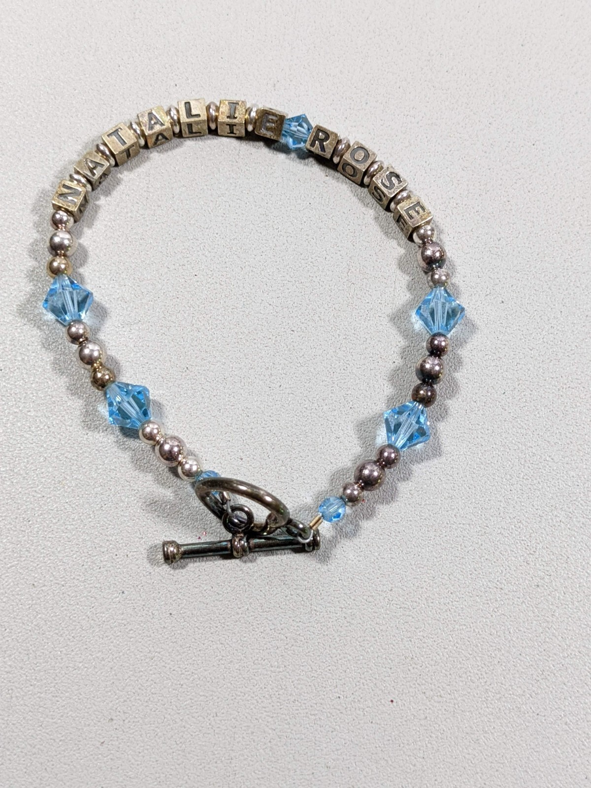 Artisan Silver Tone Blue Glass Bead Natalie Rose ID Bracelet 8 inches