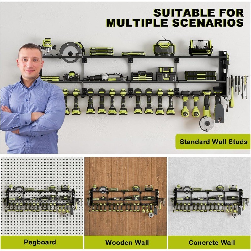 Tool Organizer Wall Mount, 16 Slots, 3-Tier Drill & Cordless Tool Storage Holder