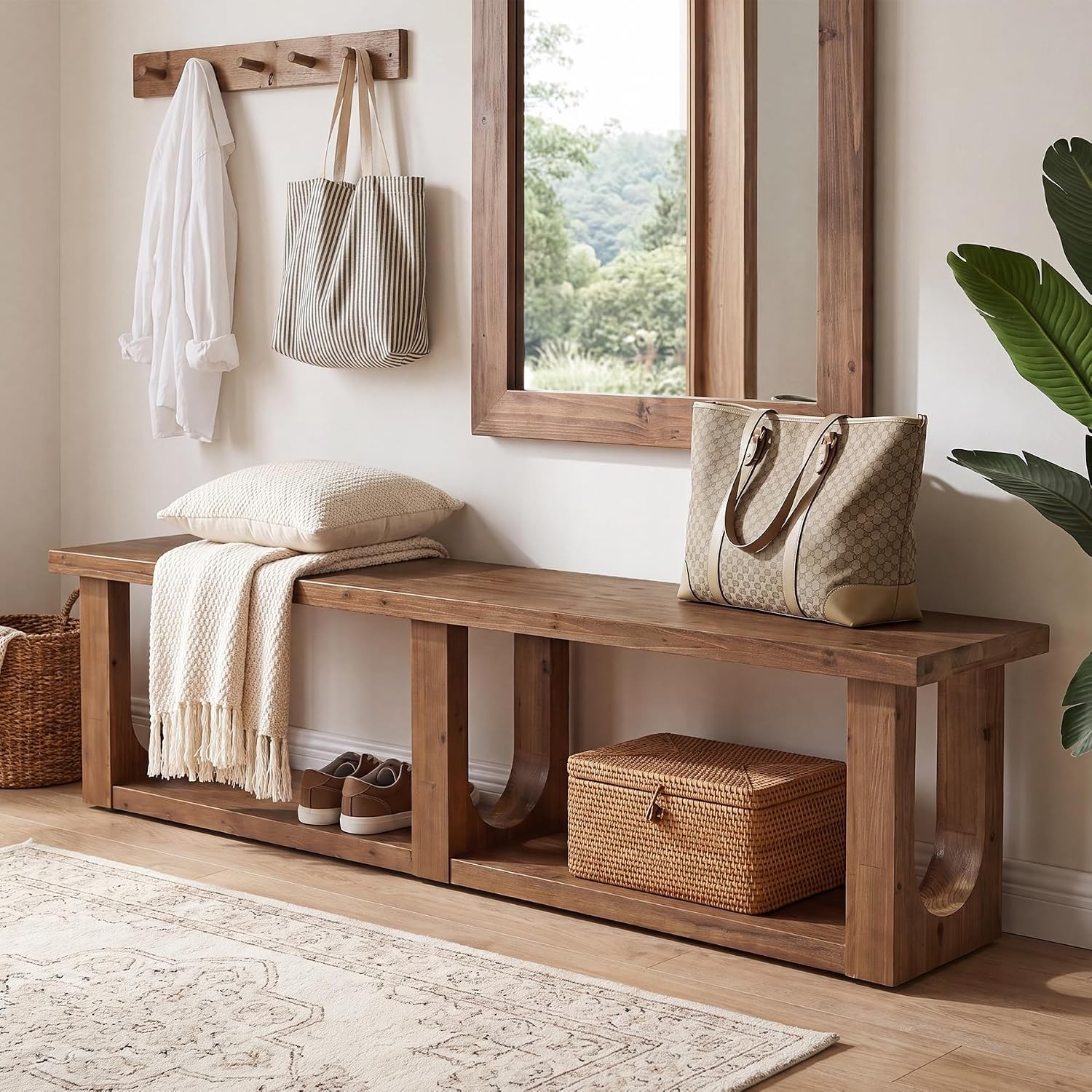 70-Inch Farmhouse Solid Wood Entryway Bench with Open Shoe Storage for Hallway