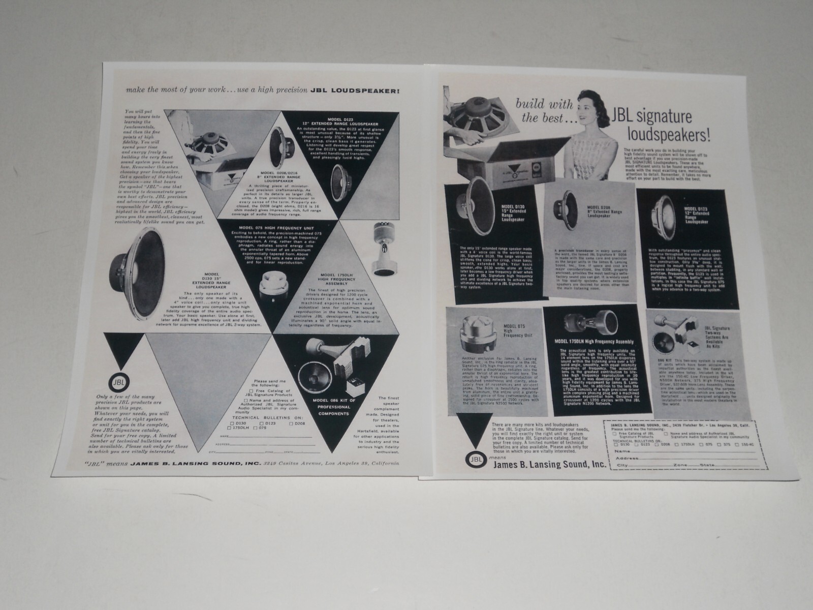 JBL D130, D208, 075, 175dlh, 086 Horns, Ad, 1957, 2 pgs, Article, Frame it!