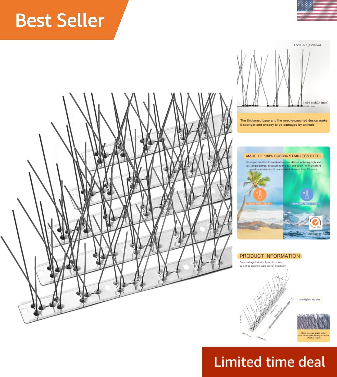 Stainless Steel Bird Spikes 10.2ft - Weather-Resistant Pigeon Barrier Solution