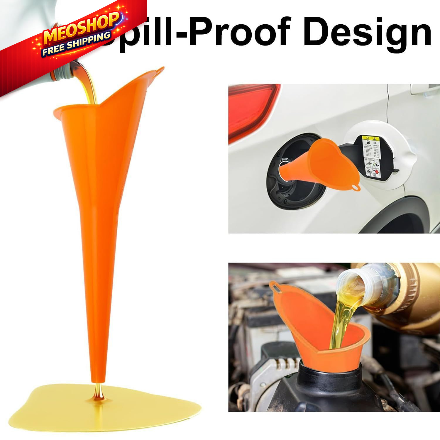 3 Pack Automotive Oil Funnel Set, Wide Mouth Fuel Funnels Black, Orange, Red