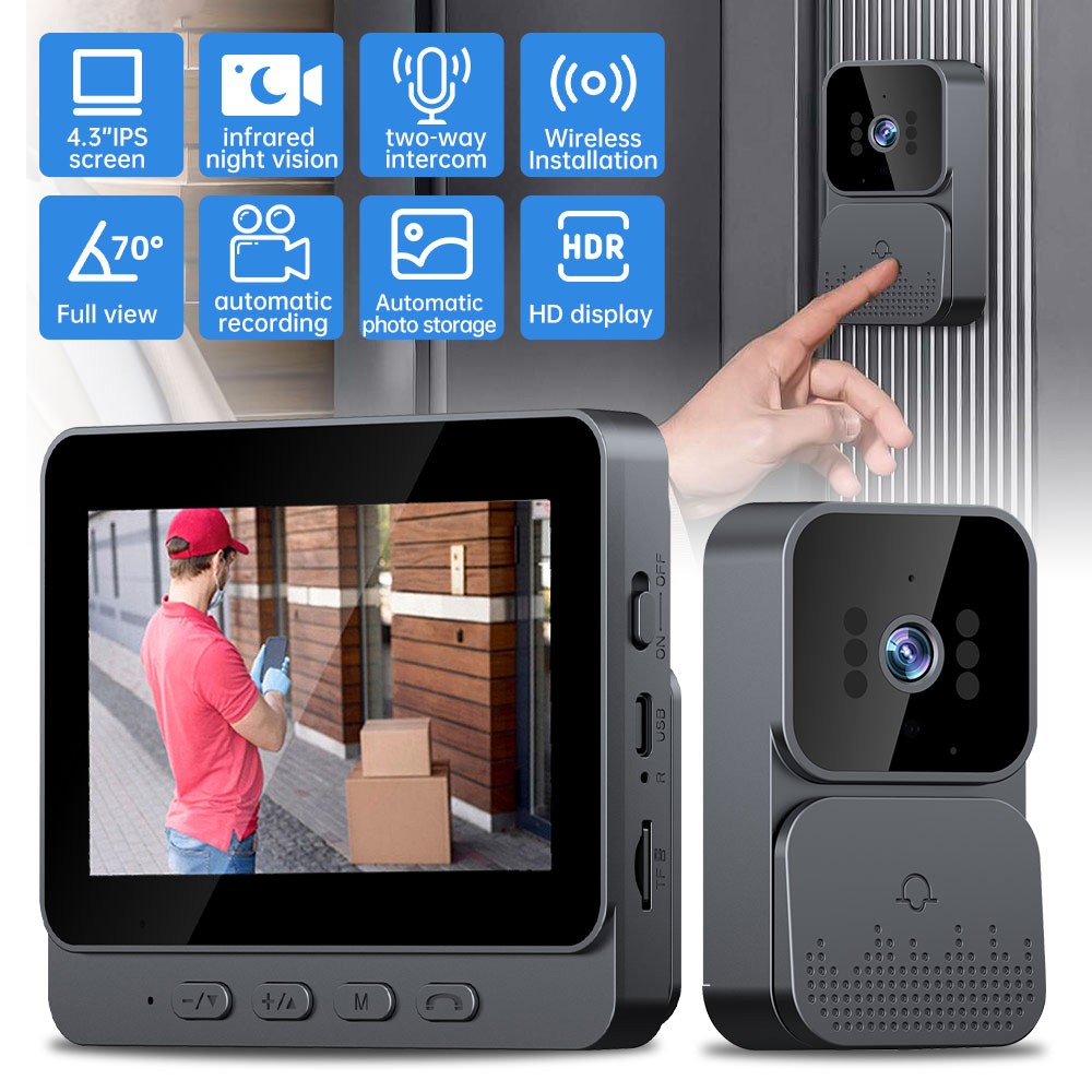 Wireless Video Doorbell Intercom System 1080P HD Camera w/ 4.3" IPS Screen