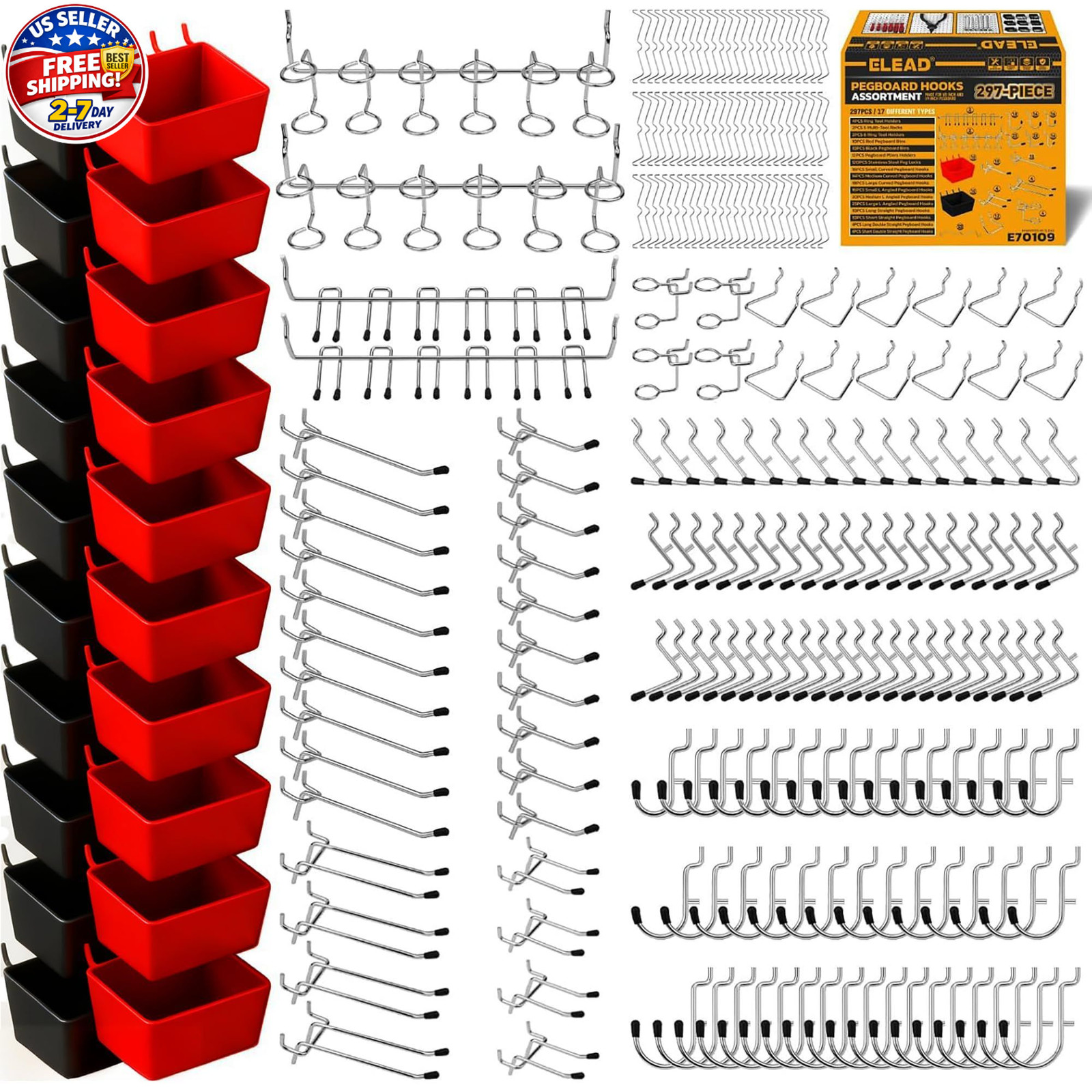 297 Piece Pegboard Hooks Kit, Peg Board Organizer Accessories with Bins for Orga