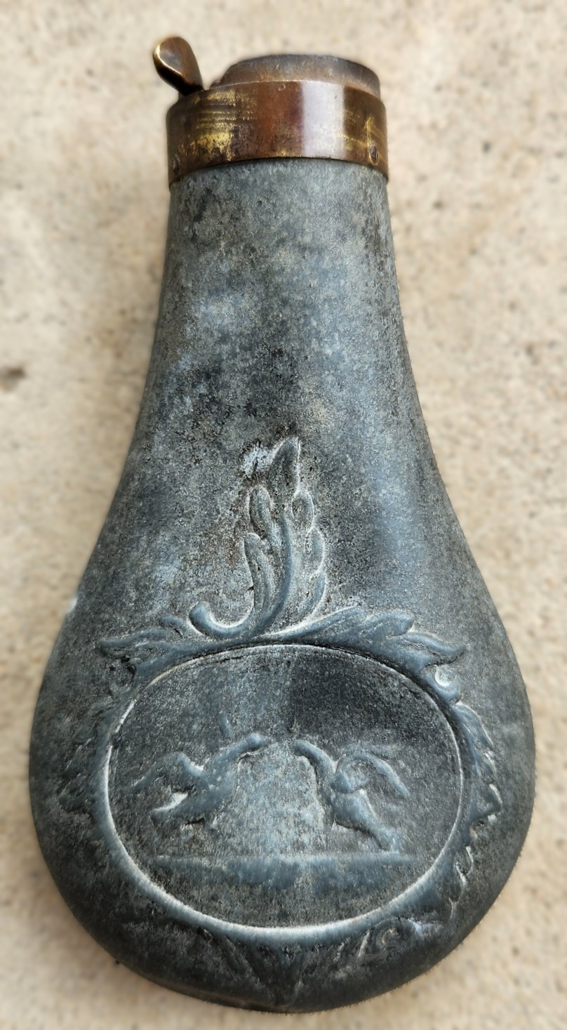 Antique Stamped Zinc Pewter Black Powder Flask Flying Birds Game Scene Project
