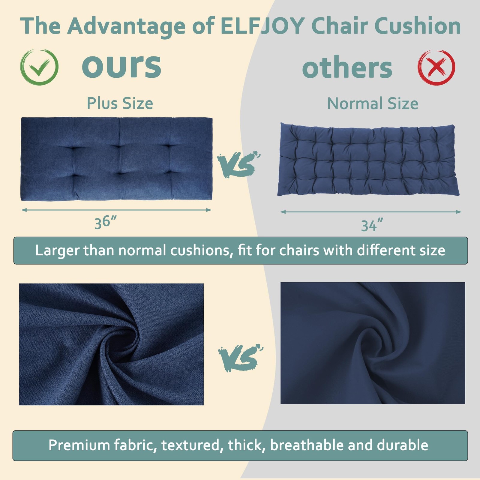 ELFJOY Tufted Bench Cushion Thicken Patio Furniture 34x16x3.5 Inch, Navy
