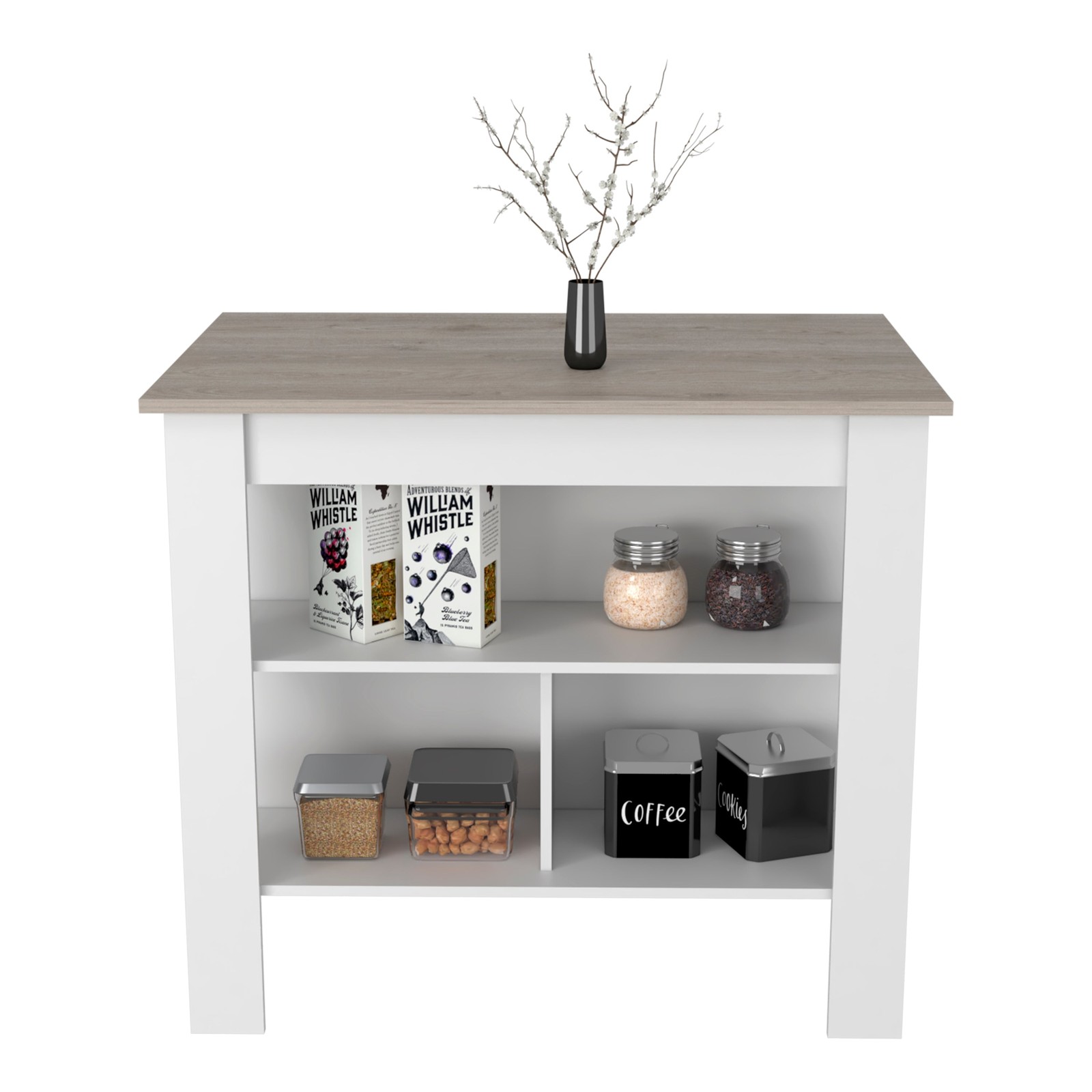 Kitchen Island, Kitchen Table 35" H, Three Open Storage Shelves