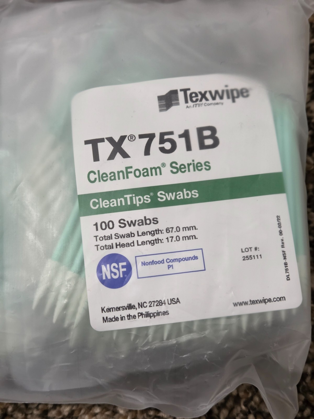 Texwipe TX751B CleanFoam Series CleanTips. 25 pack. 100 per pack