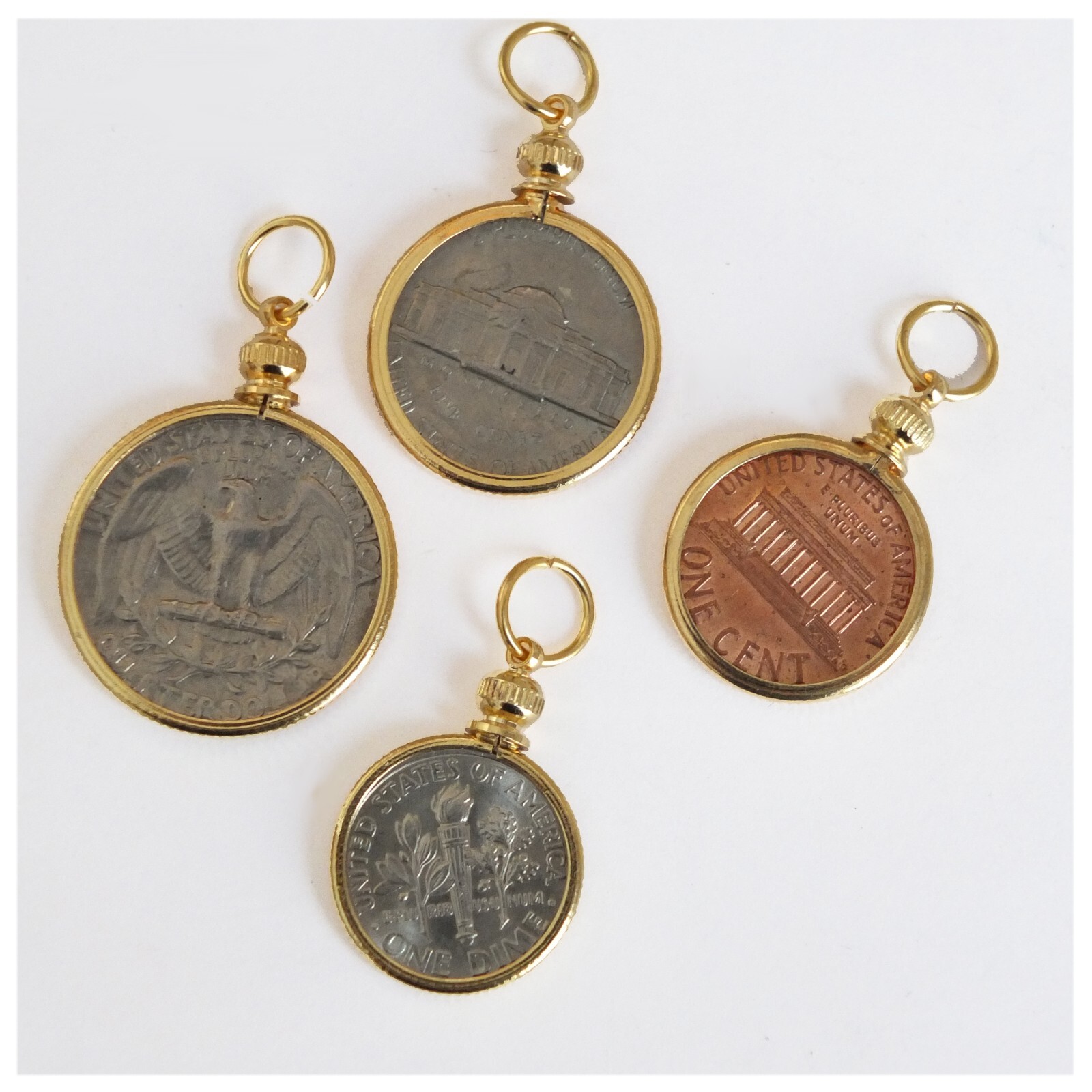 Coin Holders Bezel USA Penny Nickel Dime Quarter Set of 4 Gold Plated