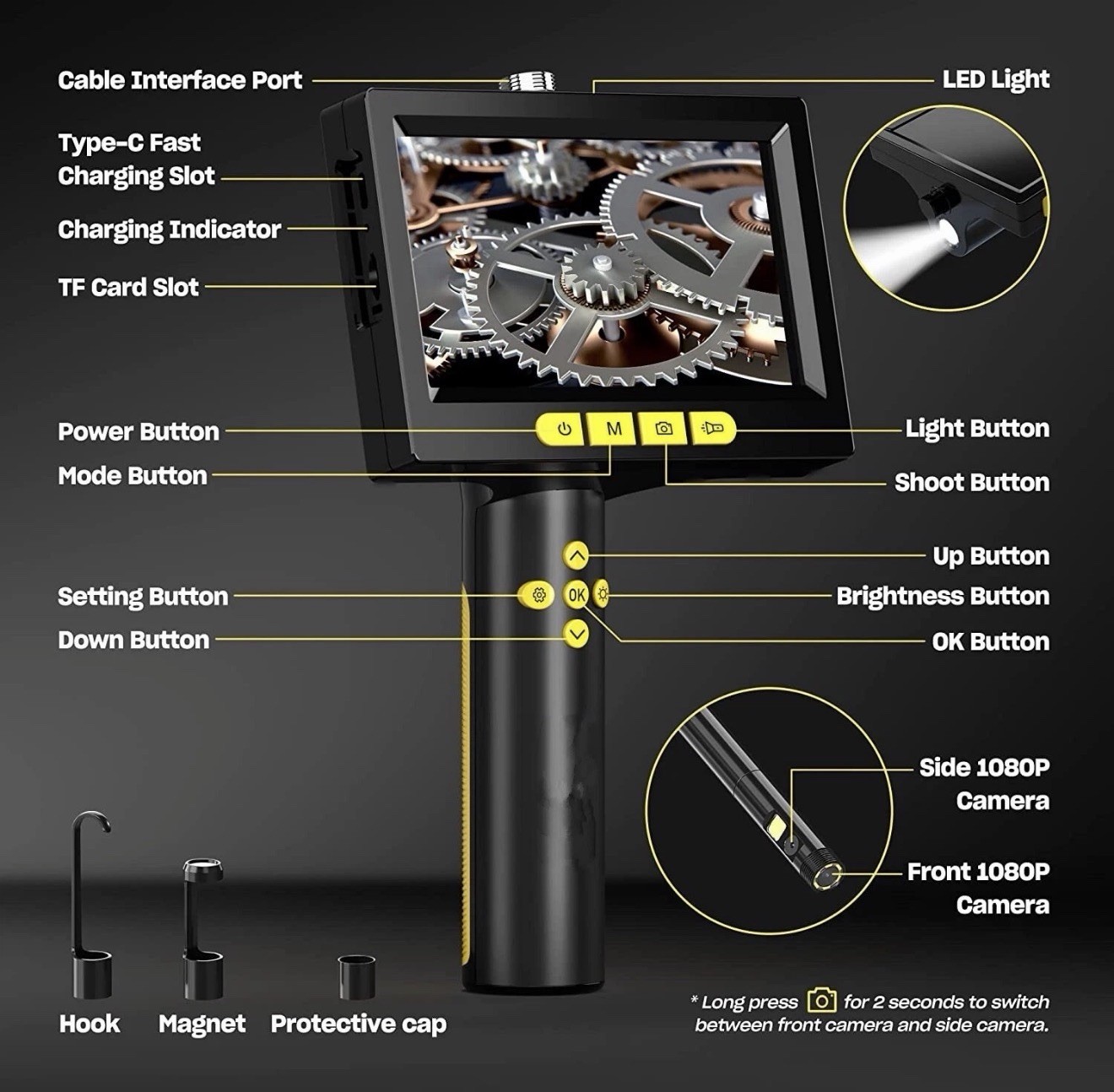 BauStark Professional Borescope 1080p Dual Camera 5" LCD Waterproof Semi-Rigid