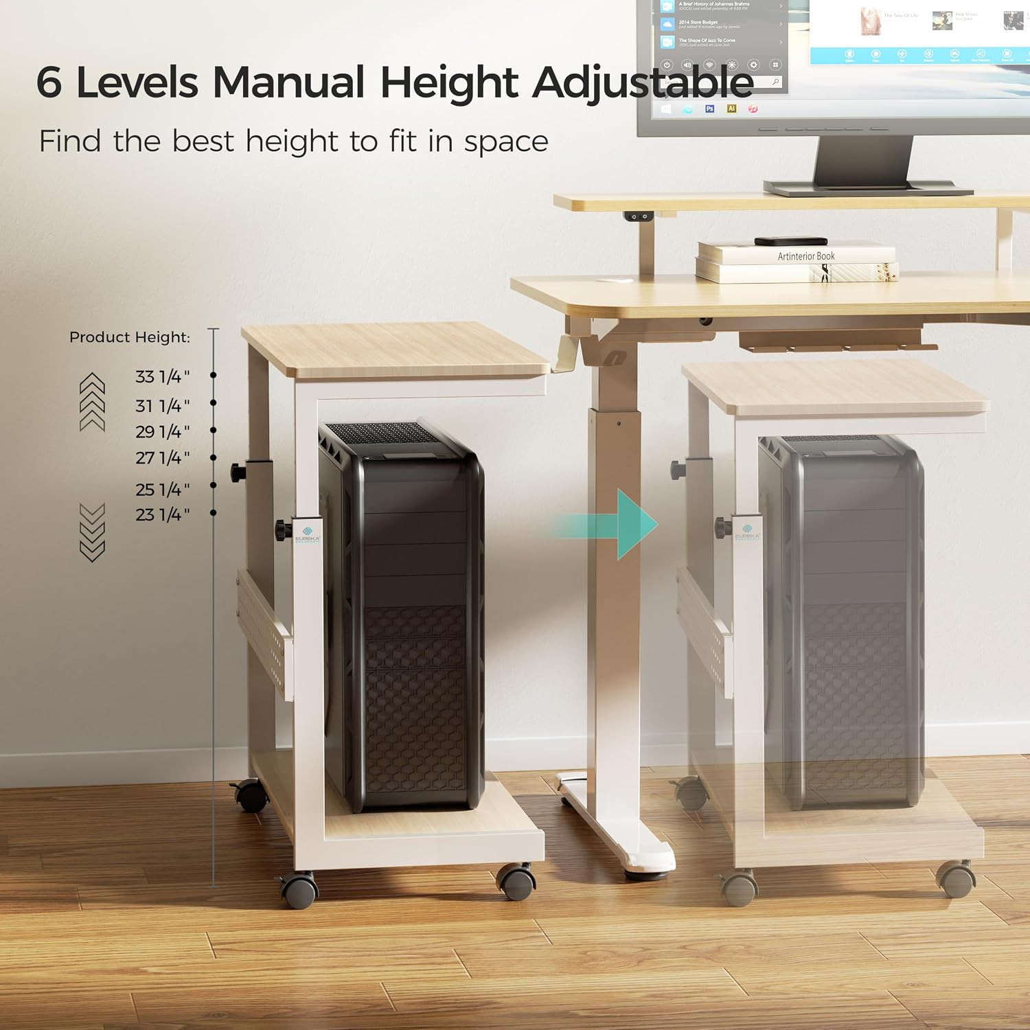 PC Stand Computer Cart, Height Adjustable Tower Stand 2-Tier Suit for ATX Case P