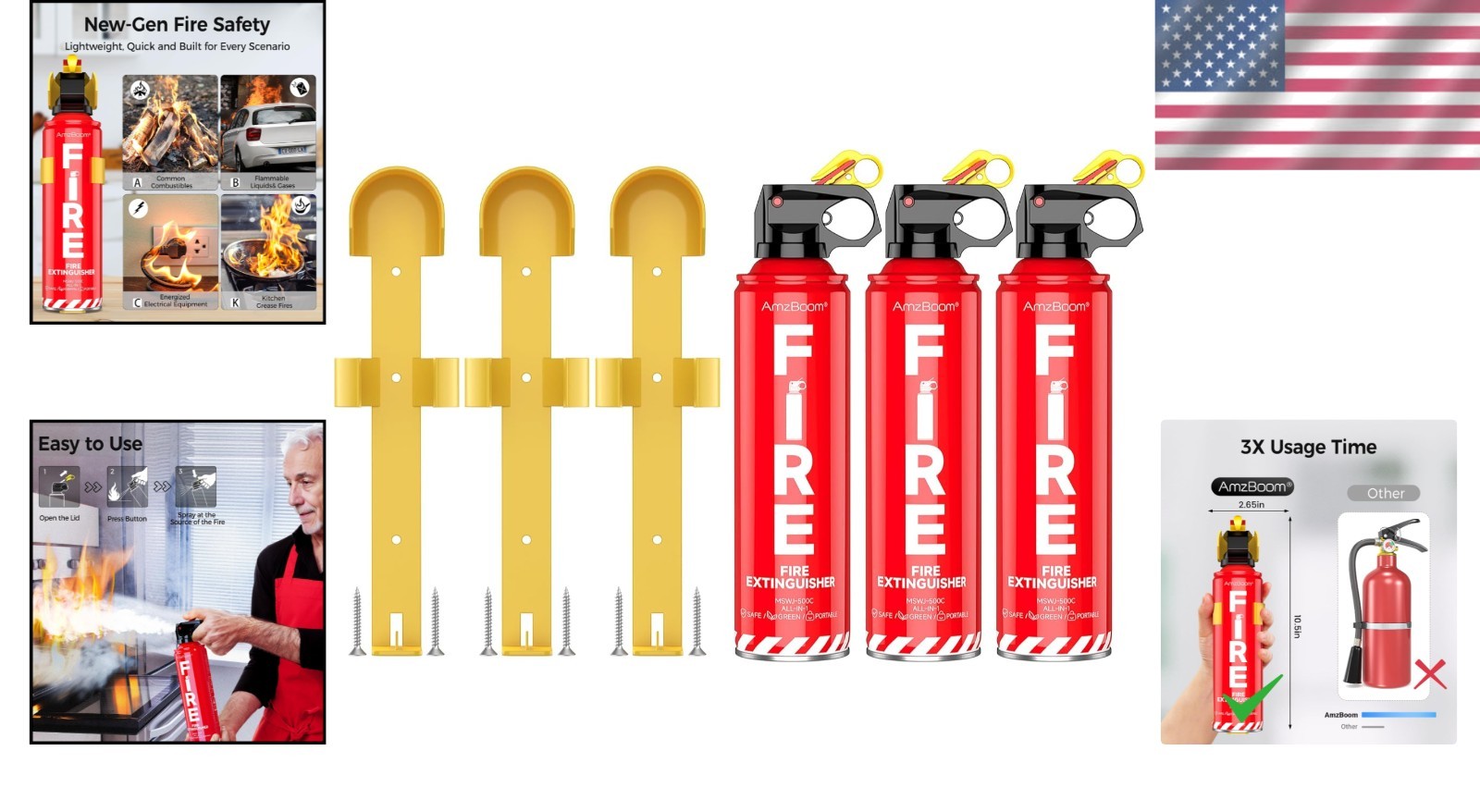 Lightweight Fire Extinguisher Set with Mounting Brackets - 3 Pack for All Fires