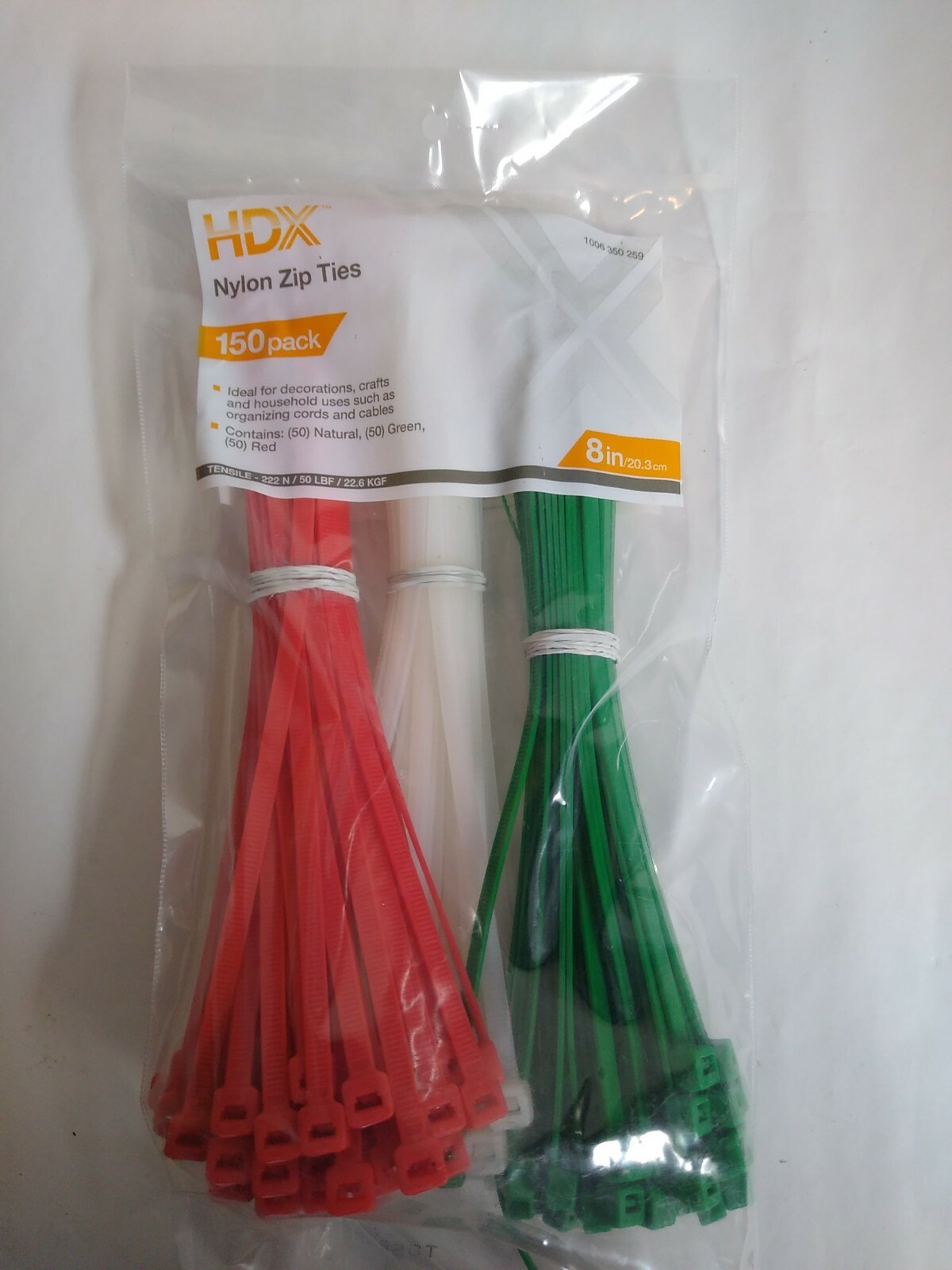 150 Nylon zip ties 8 inch 50 green, 50 red, 50 white Tensile 222N 50Lbf/22.6 kgf