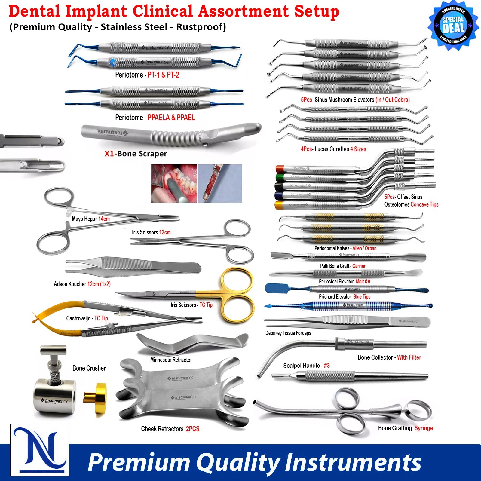 Complete Oral Surgery Implantology Kit Bone Grafting Sinus Lift Instruments