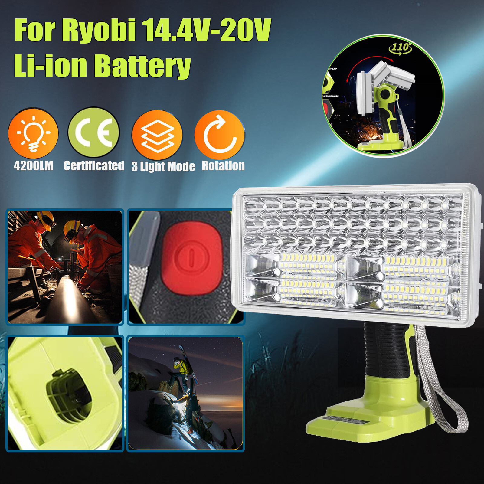 40W 4200LM Cordless LED Work Light Flashlight for Ryobi 18V One+ Li-ion Battery