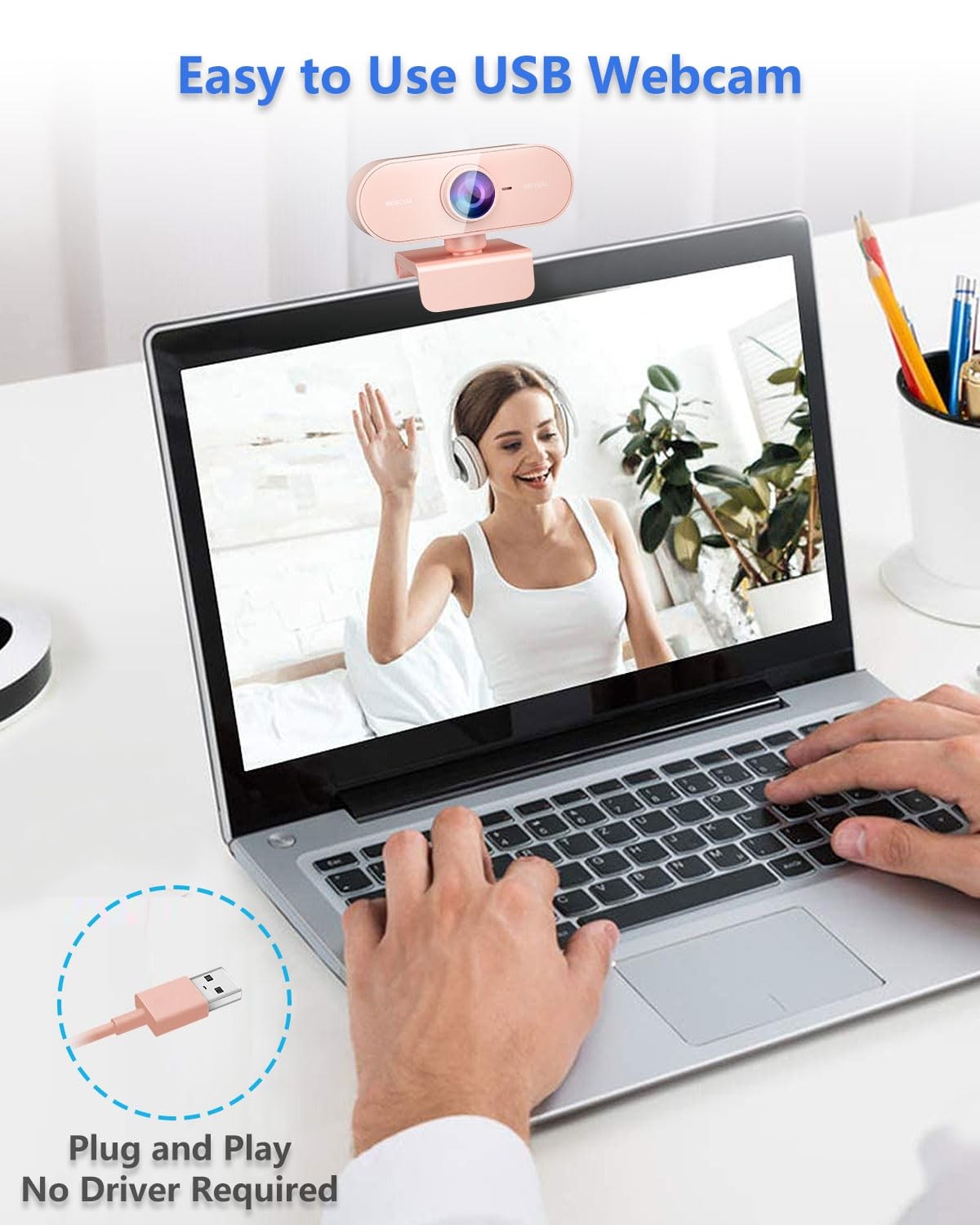 Webcam for PC&1080P HD Web Cam,Webcam with Microphone,Stand Pink