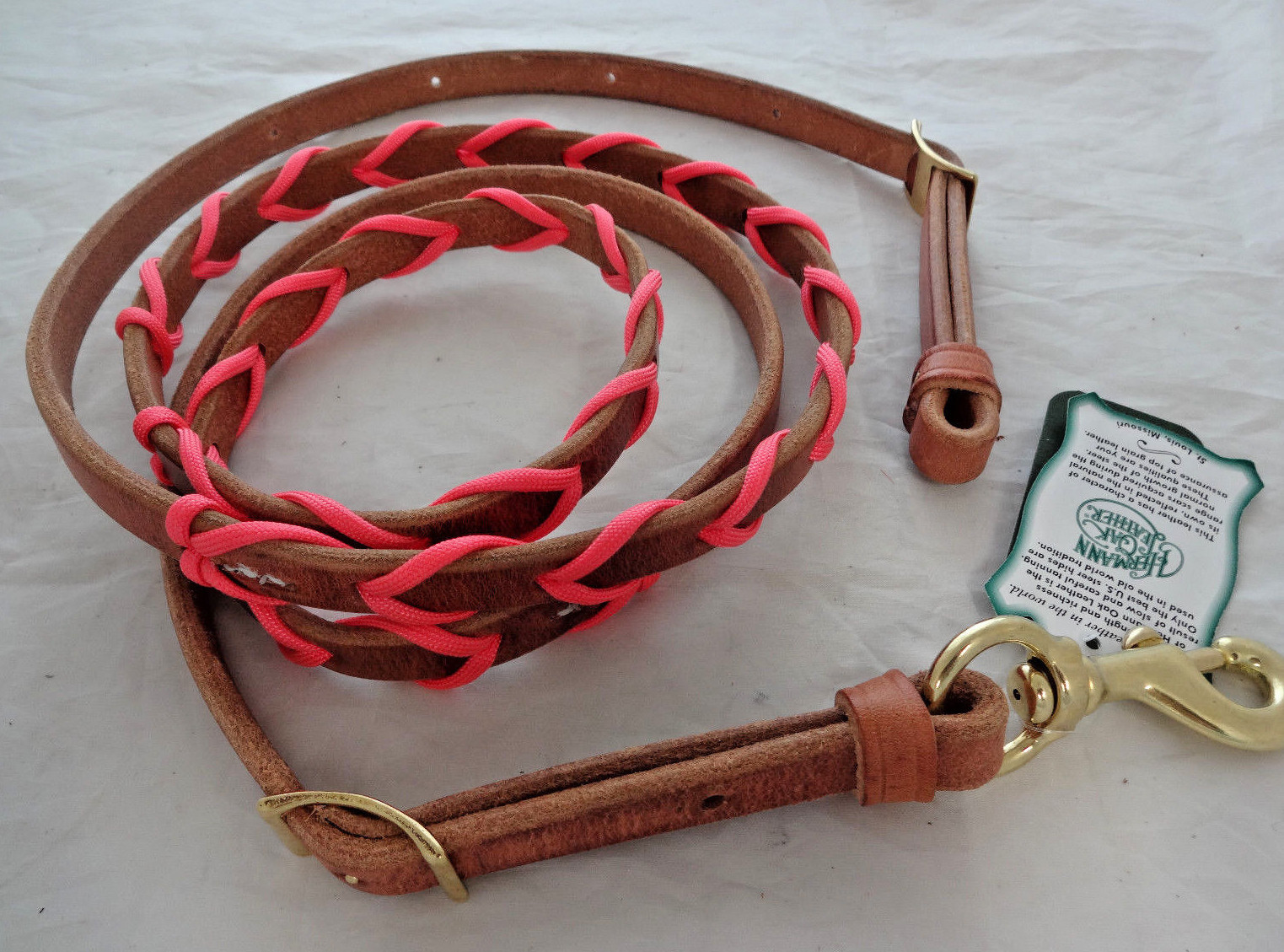 Barrel Roping Rein Hermann Oak Harness Leather Paracord Laced Pink Horse Tack