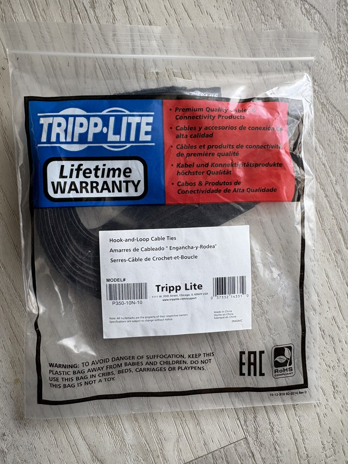 Tripp Lite P350-10N-10 Hook-and-Loop Cable Ties, 10" L x 5/8" W - 10-Pack
