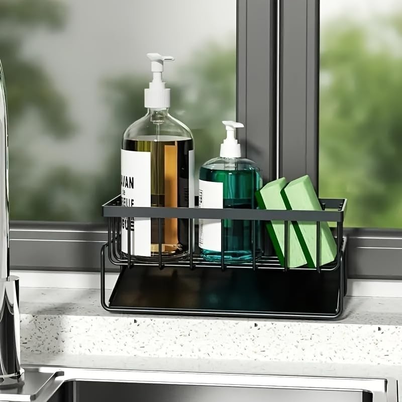 Kitchen Sink Caddy Organizer, Black Metal, Self-Draining Tray