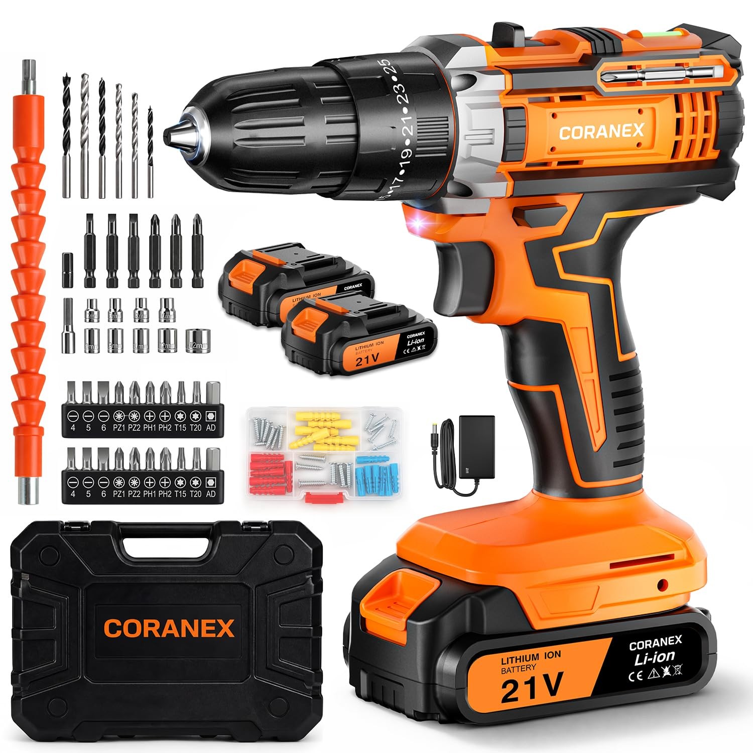 21V Cordless Drill Set with Case | Easy to Control & Lightweight | 2 Batteries