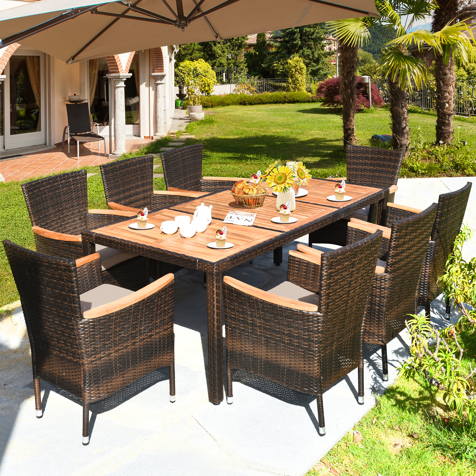 9PCS Rattan Patio Dining Set w/ 8 Stackable Cushioned Chairs Wooden Tabletop