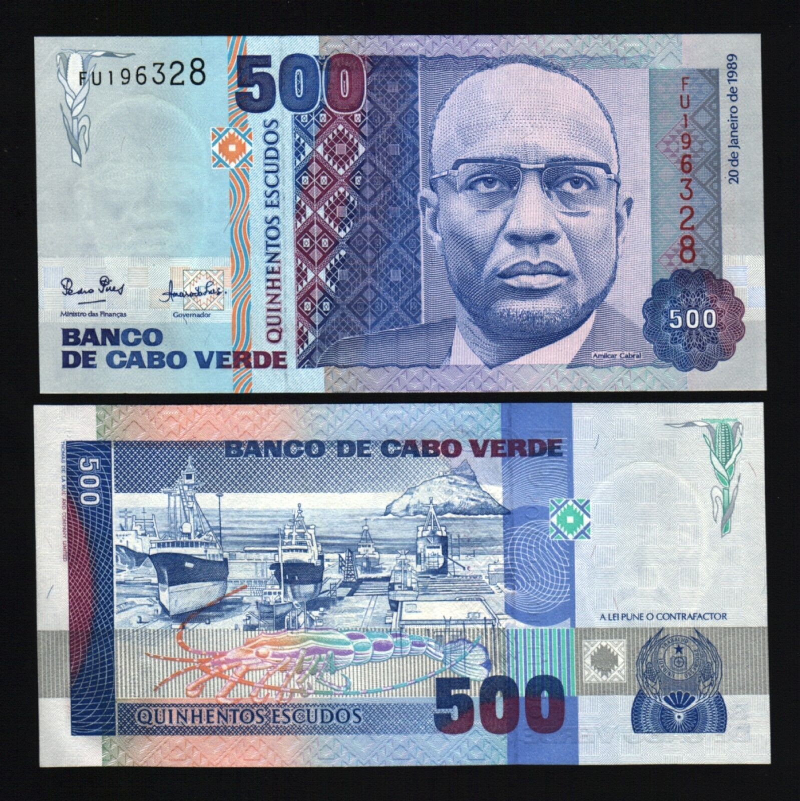 Cape Verde 500 ESCUDOS P-59 1989 x 1 SHIP Insect UNC World Currency Animal NOTE