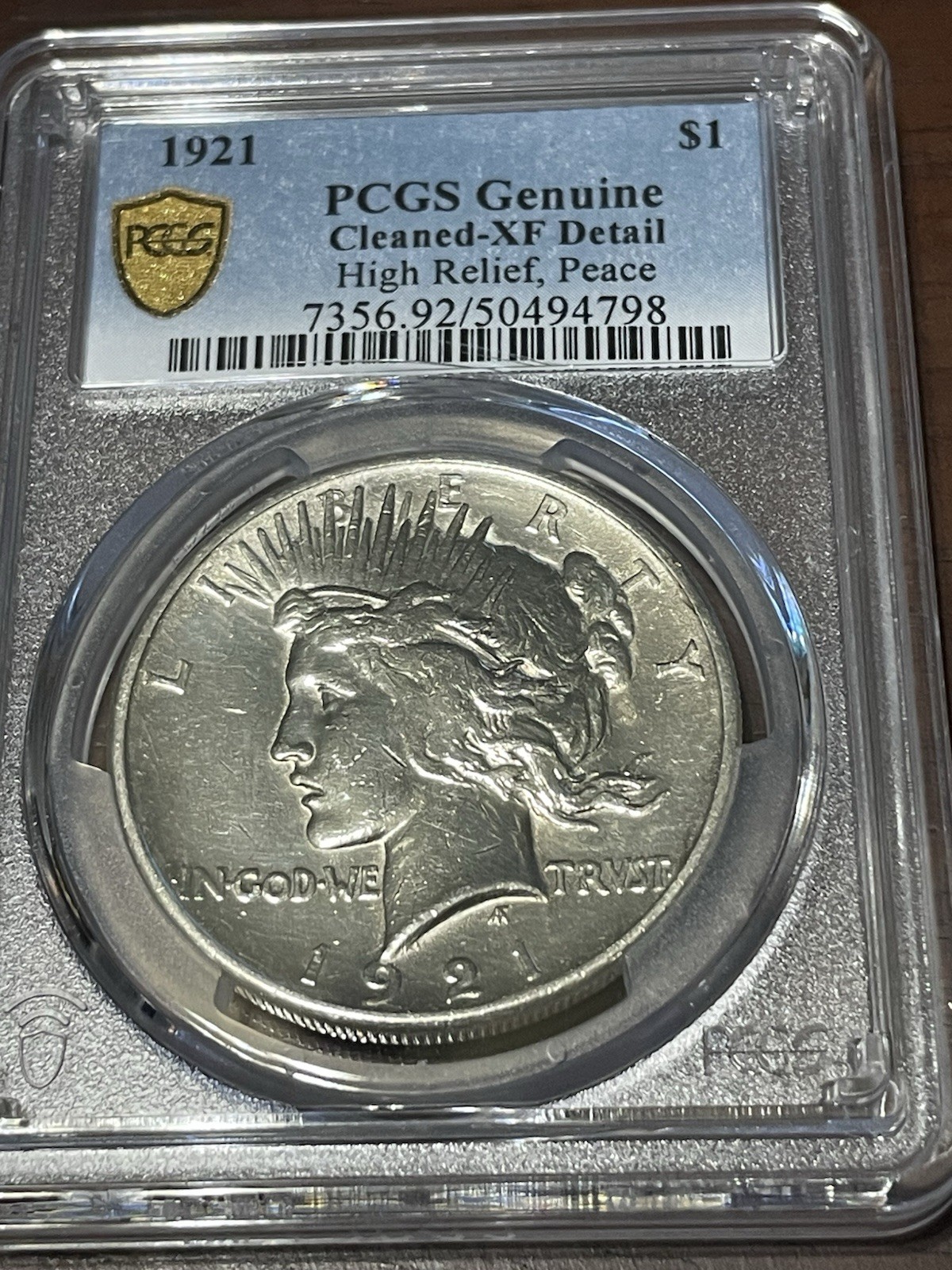 1921 $1 High Relief Peace Dollar PCGS Cleaned - XF Details- Gold Shield