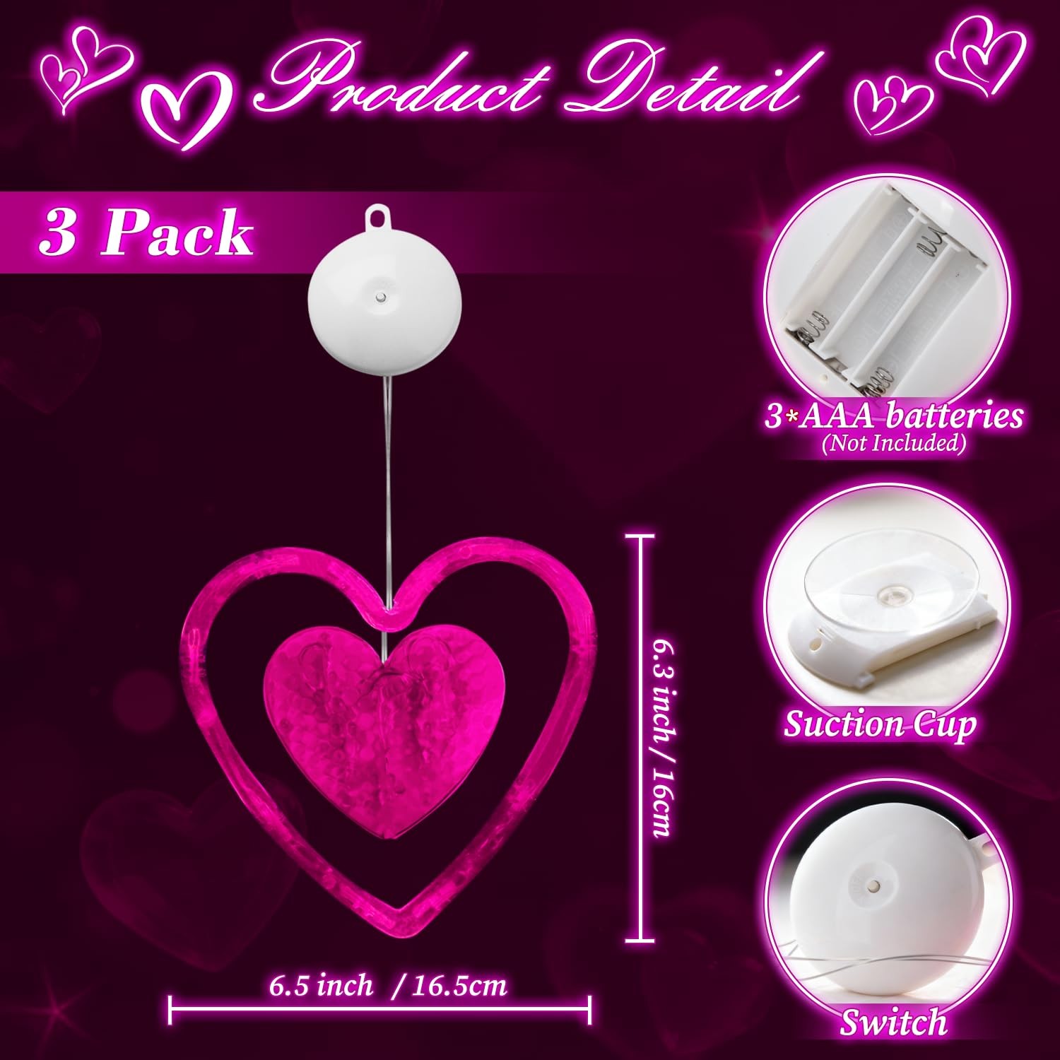 Artmag 3 Pcs Valentines Day Window Lights Decorations with Timer, Double Pink