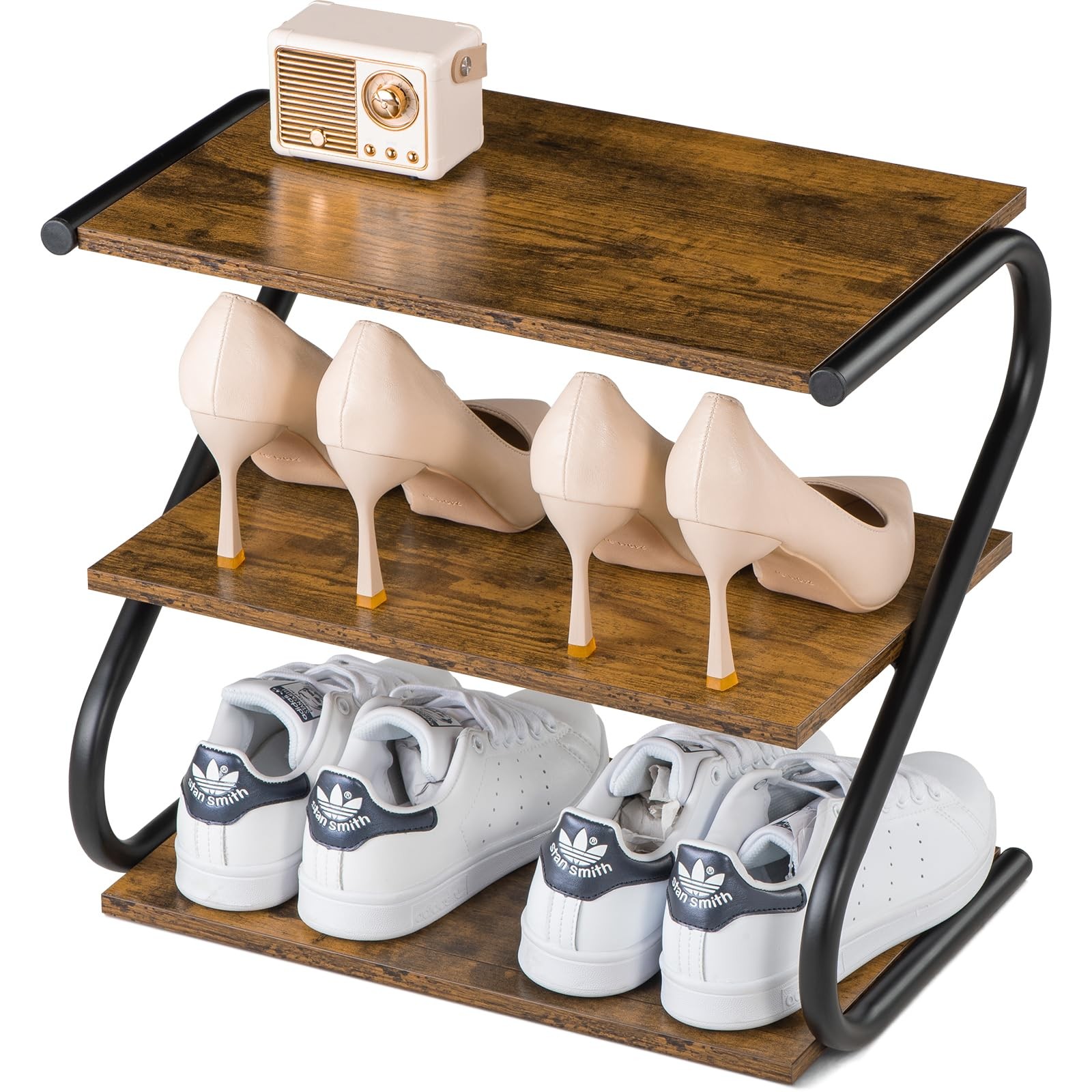 Small 3-Tier Shoe Rack, Z-Frame Wooden Shoe Shelf with Durable Metal Shelves ...