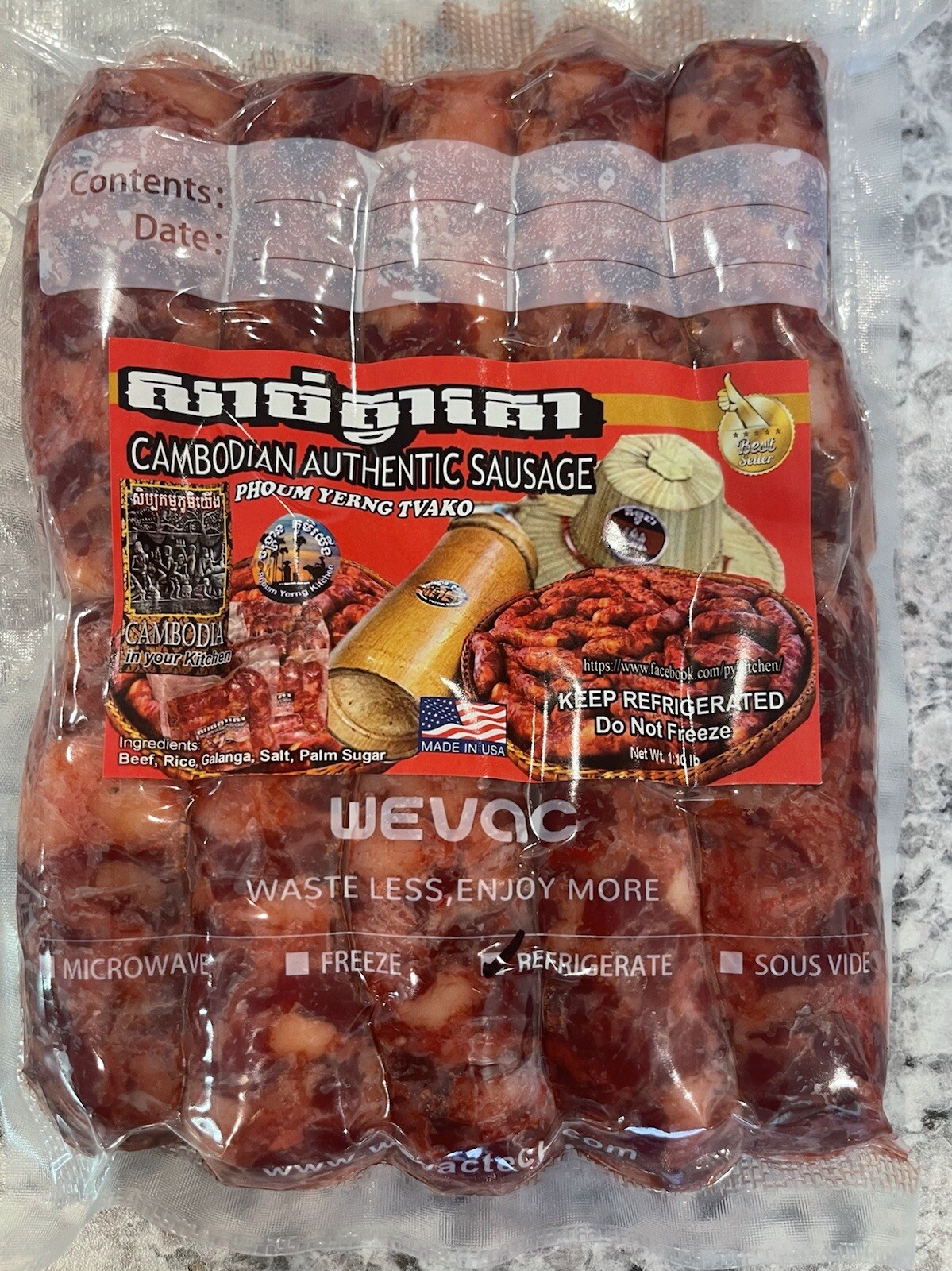 Cambodian Sausage - TVA KO (1 Pack of 10) $20 Khmer Authentic Beef Sausage Spicy