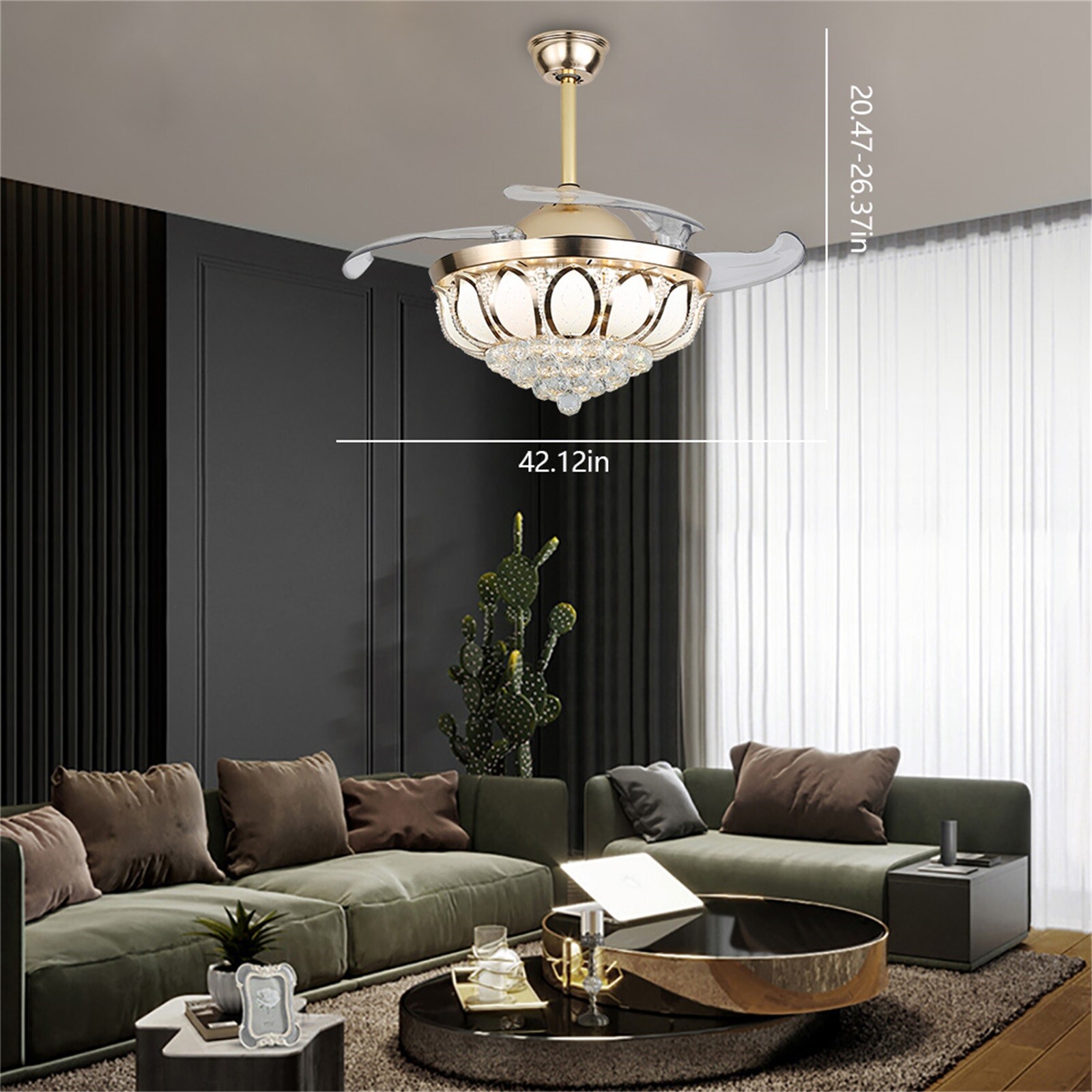 Invisible Ceiling Fan Light Ceiling Lamp Crystal LED Chandelier w/Remote Control