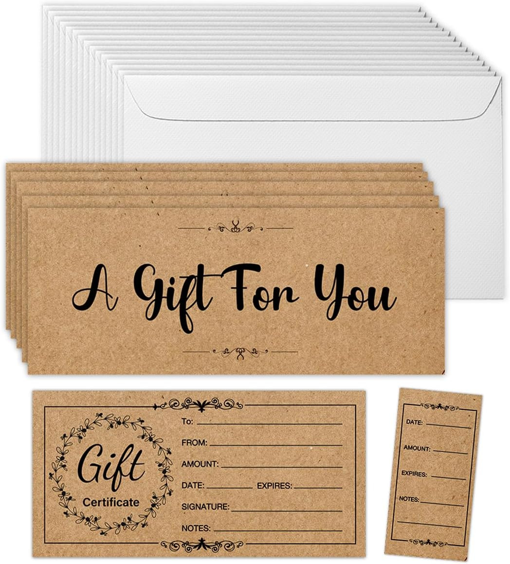 50 Sets Gift Certificates for Business, Blank Kraft Gifts Cards Certificates wit