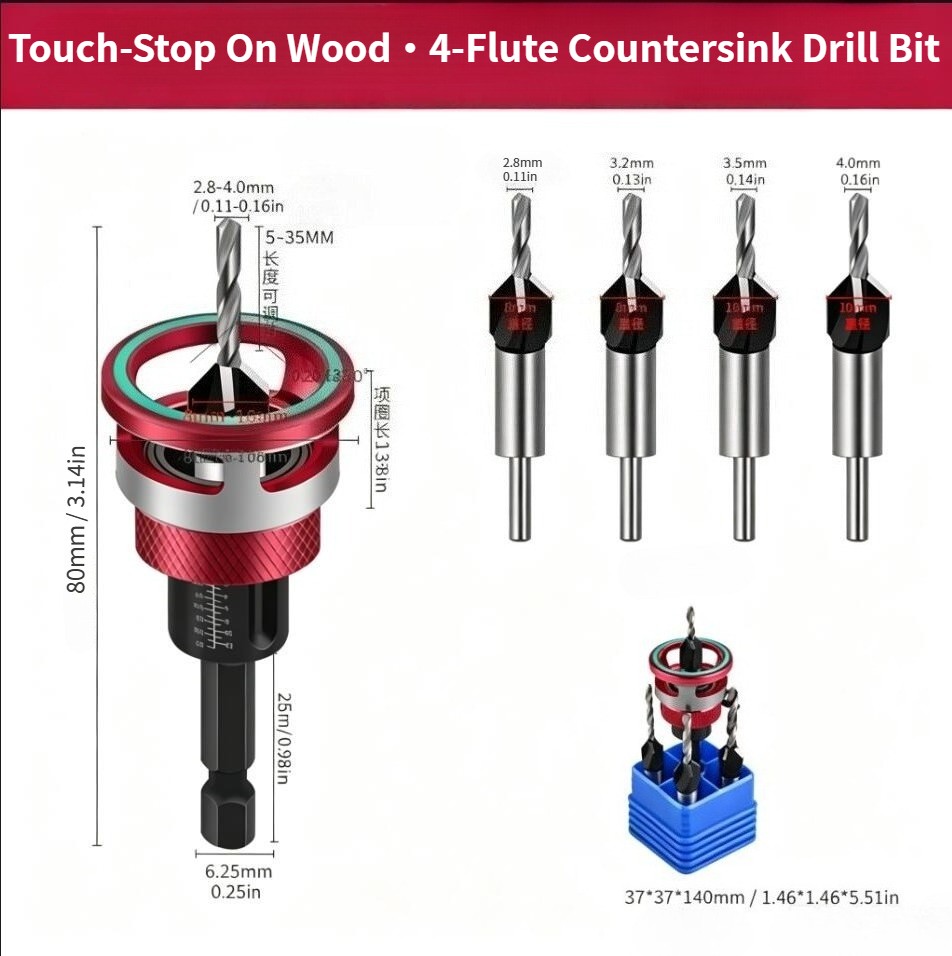 4PCS Countersink Drill Bit Set with Adjustable Depth Stop M2 HSS Woodworking Bit