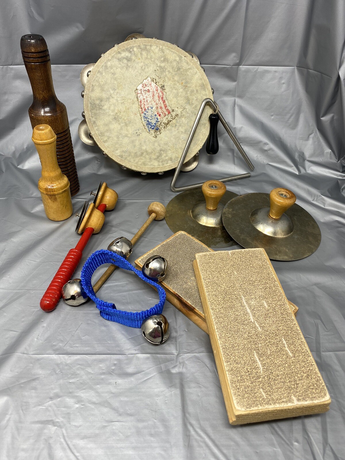 Vintage Set Peripole Kids Instruments Tamborine Cymbals Jingle Bells Triangle