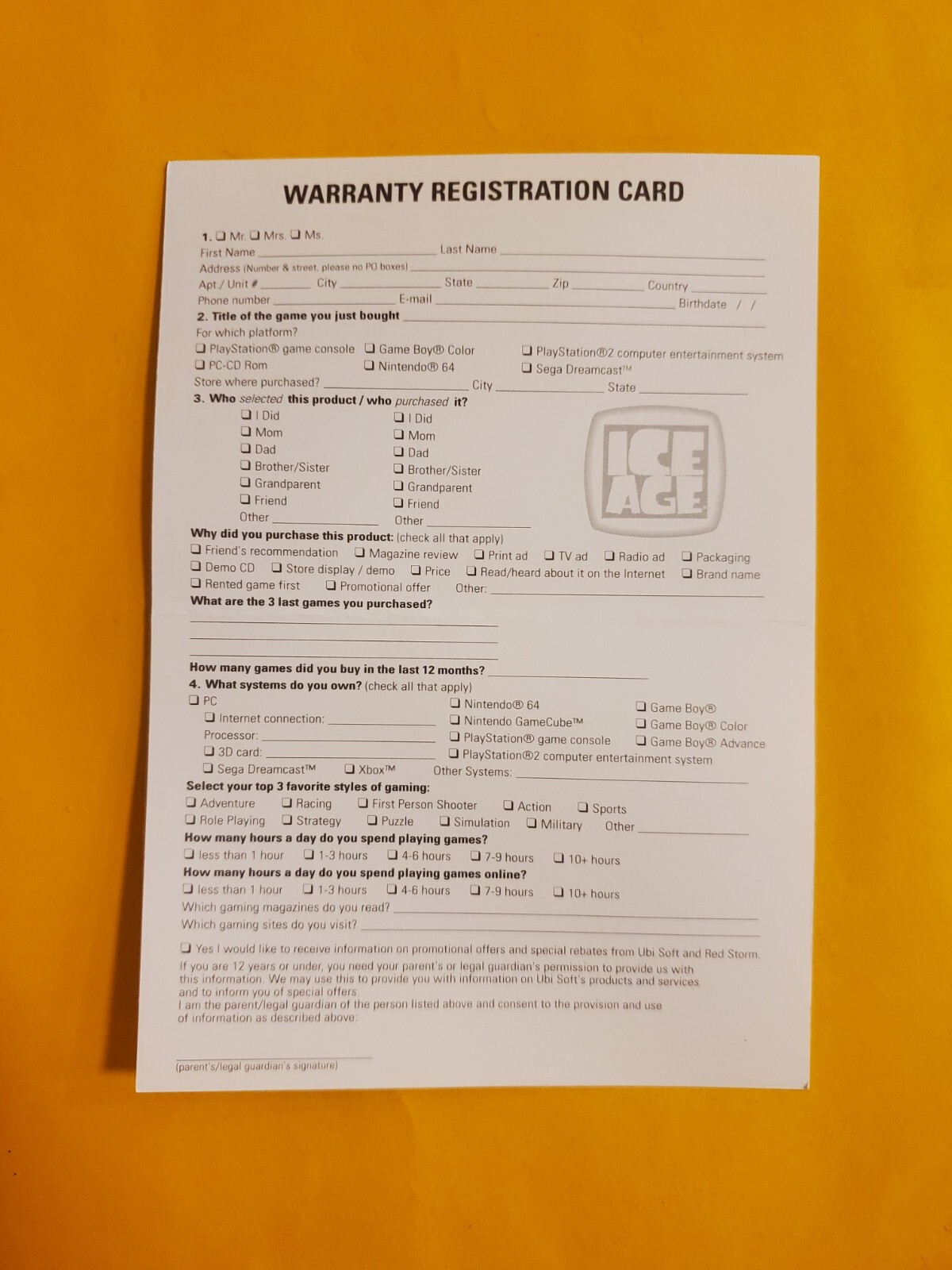 Ubisoft, Ice Age Registration Card Insert